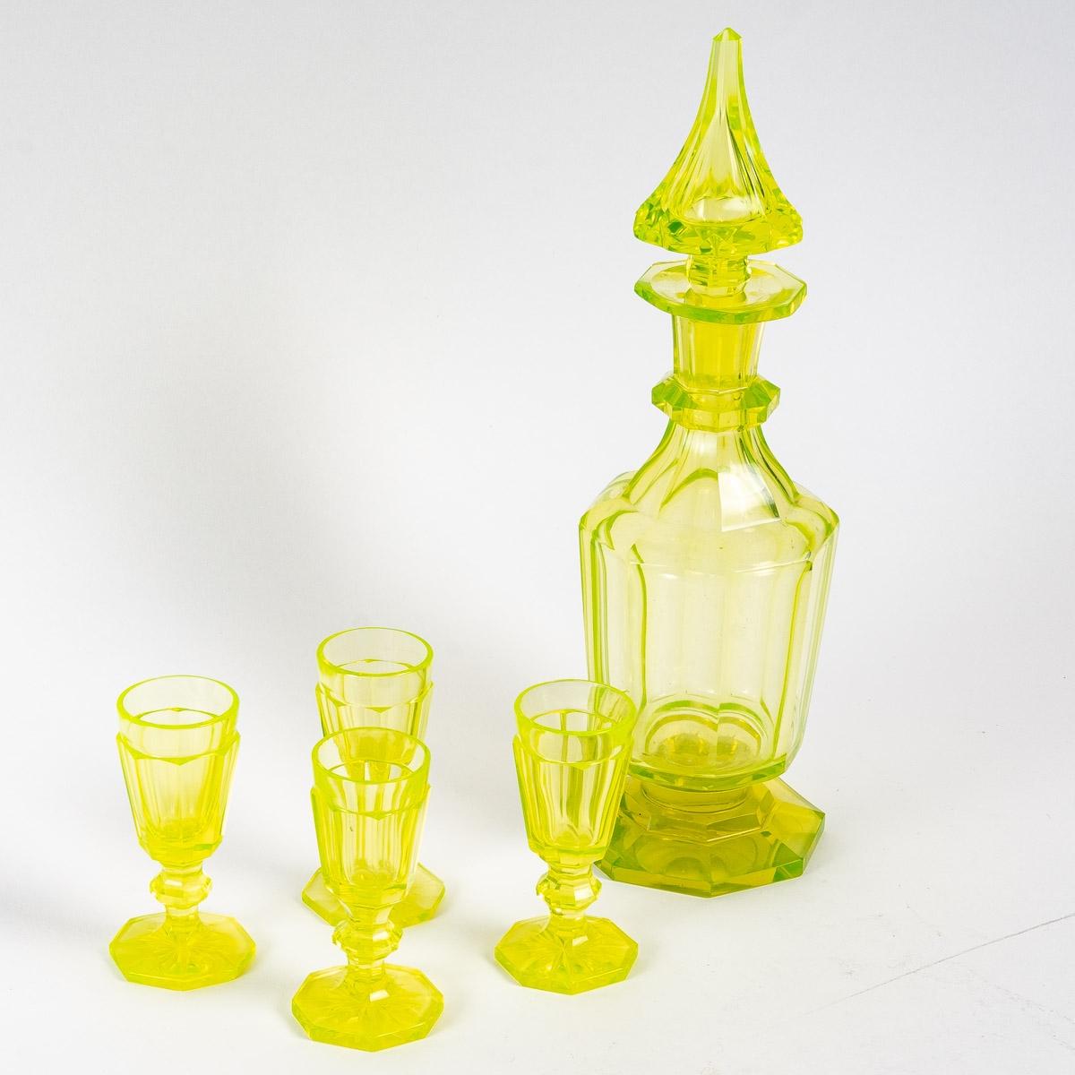 European Bohemian Crystal Decanter and Four Ouraline Goblets For Sale