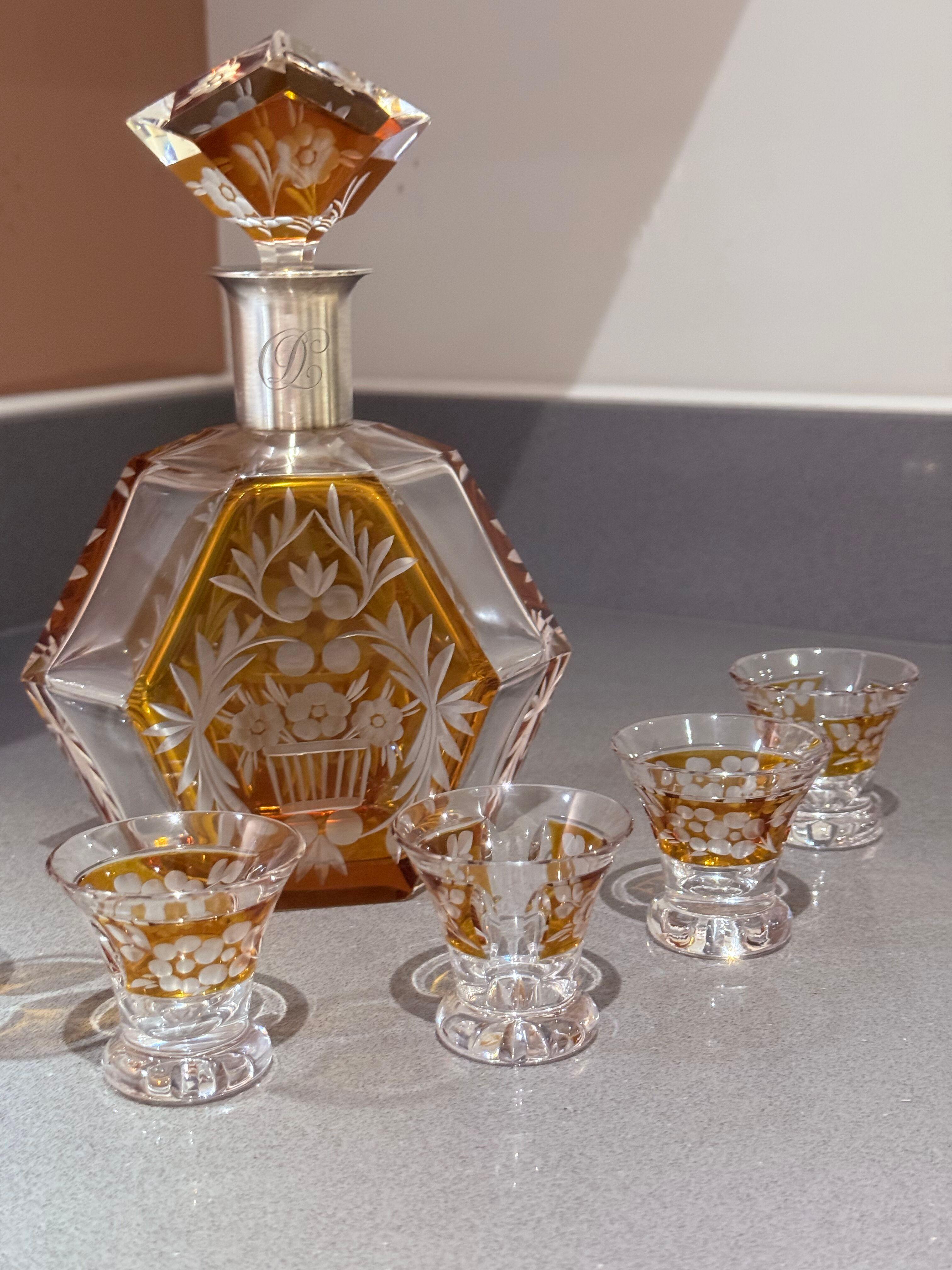 Böhmische Kristallkaraffe Set Silberbeschläge, Art Deco Tschechisches Design 6 Gläser im Angebot 3