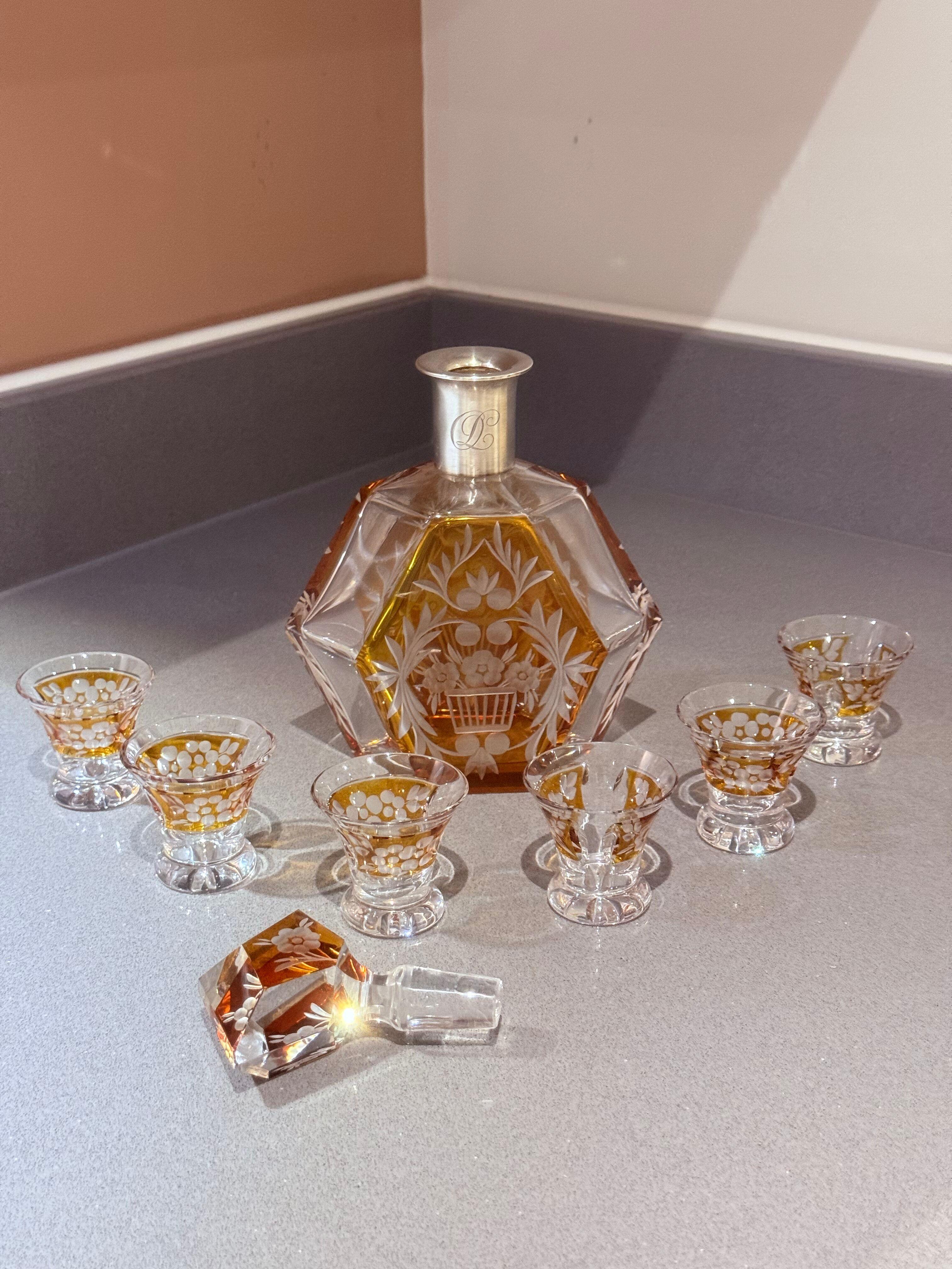 Böhmische Kristallkaraffe Set Silberbeschläge, Art Deco Tschechisches Design 6 Gläser im Angebot 6