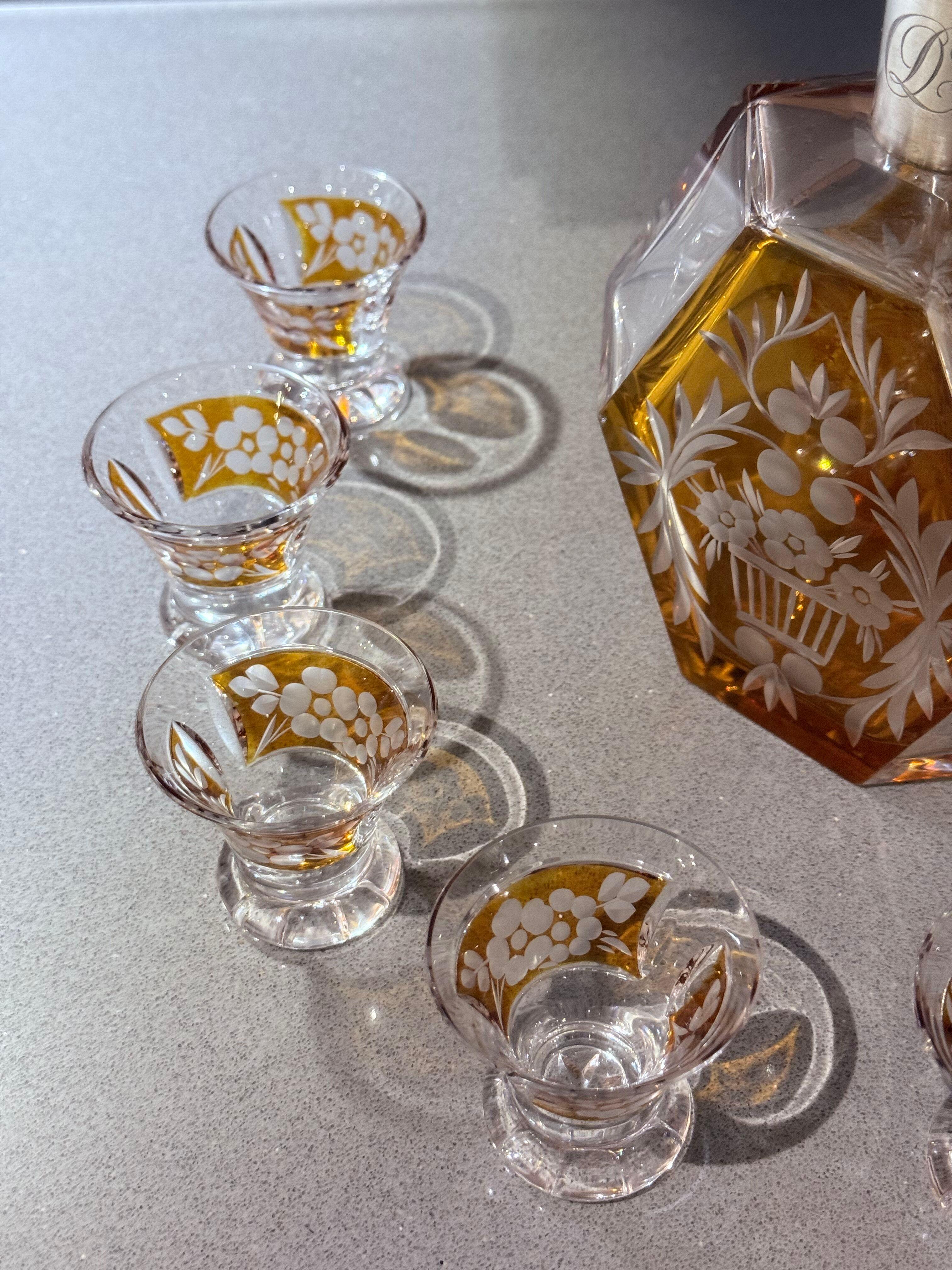 Böhmische Kristallkaraffe Set Silberbeschläge, Art Deco Tschechisches Design 6 Gläser im Angebot 9