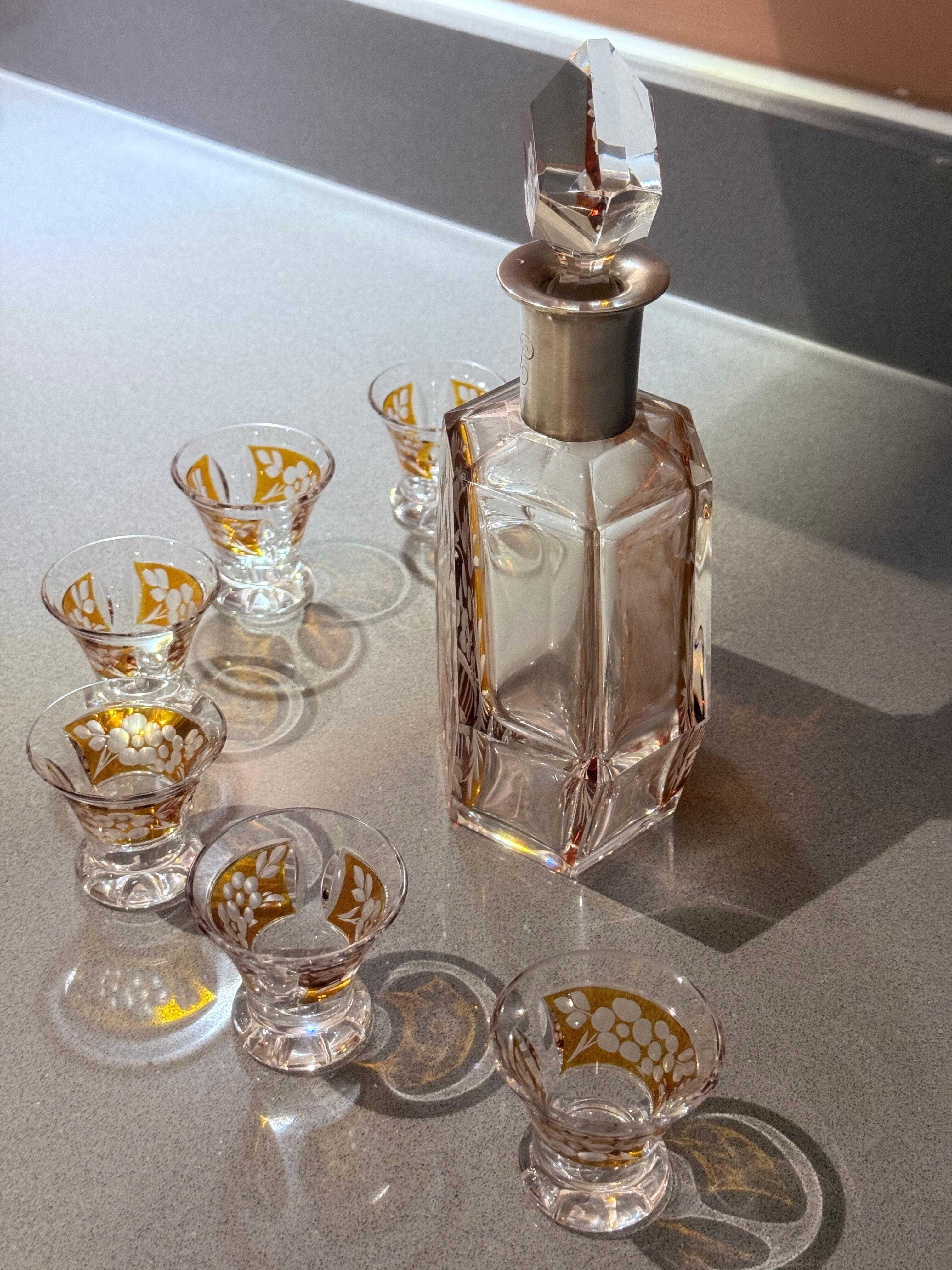 Böhmische Kristallkaraffe Set Silberbeschläge, Art Deco Tschechisches Design 6 Gläser im Angebot 12