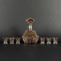 Bohemian Crystal Decanter Set Silver Fittings, Art Deco Czech Design 6 Glasses
