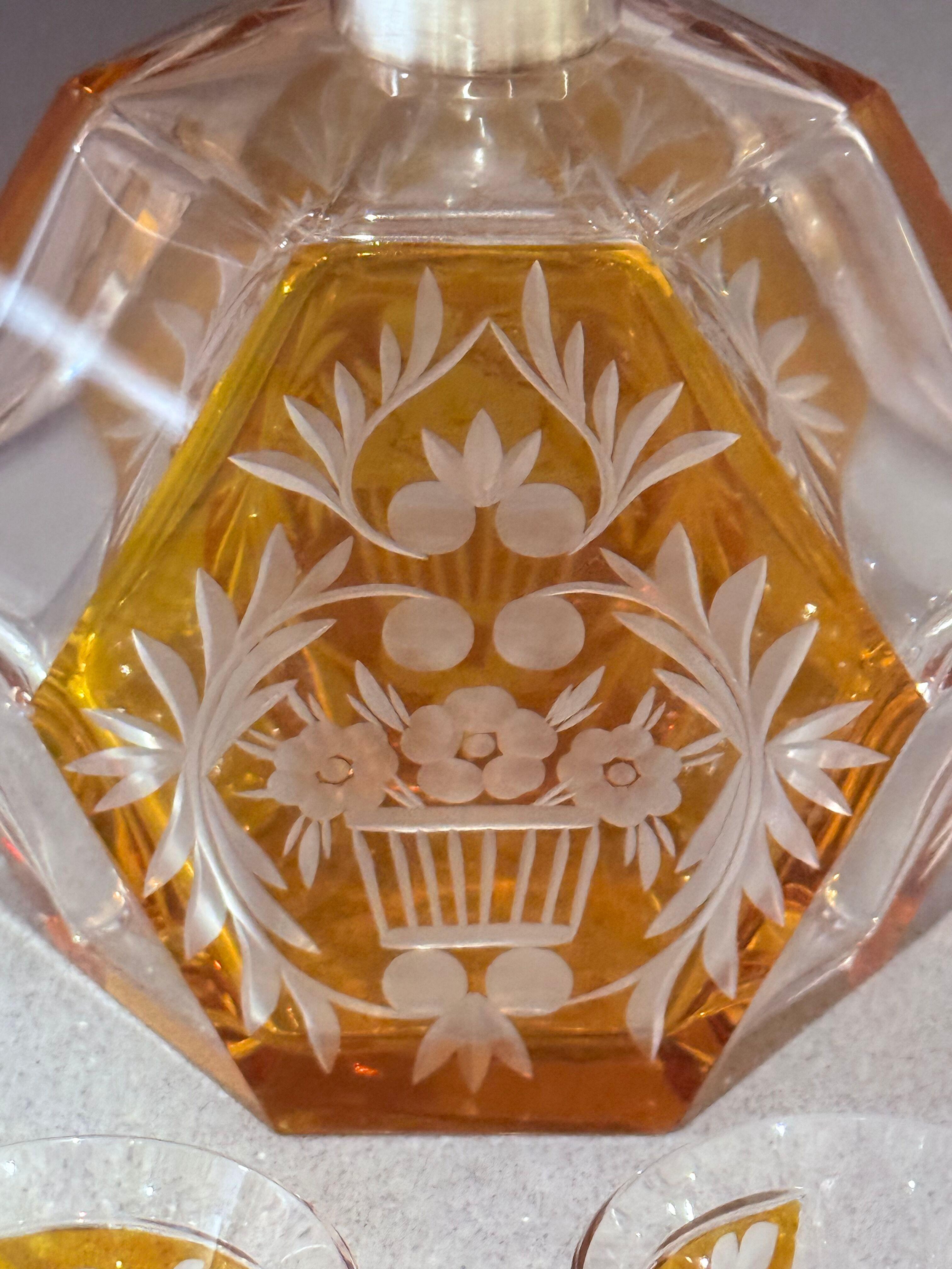 Böhmische Kristallkaraffe Set Silberbeschläge, Art Deco Tschechisches Design 6 Gläser im Zustand „Hervorragend“ im Angebot in Wembley, GB