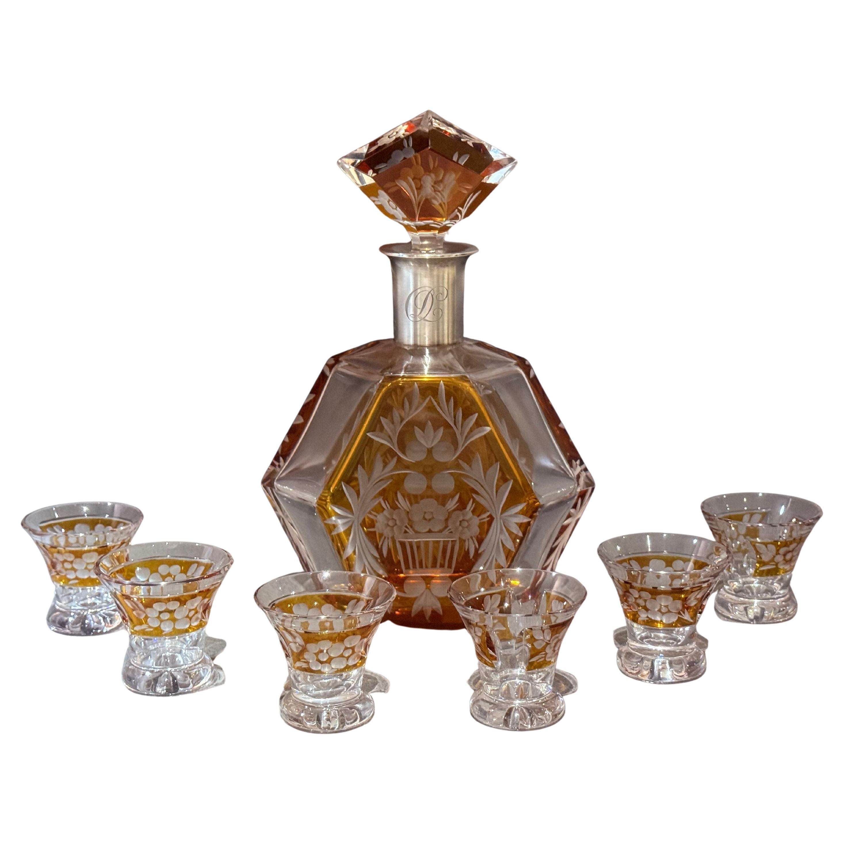 Böhmische Kristallkaraffe Set Silberbeschläge, Art Deco Tschechisches Design 6 Gläser