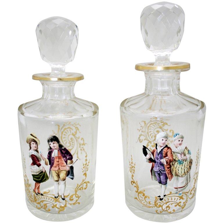 Bohemian Crystal Dresser Bottles, Pair with Hand-Painted Enamel Figures and Gold