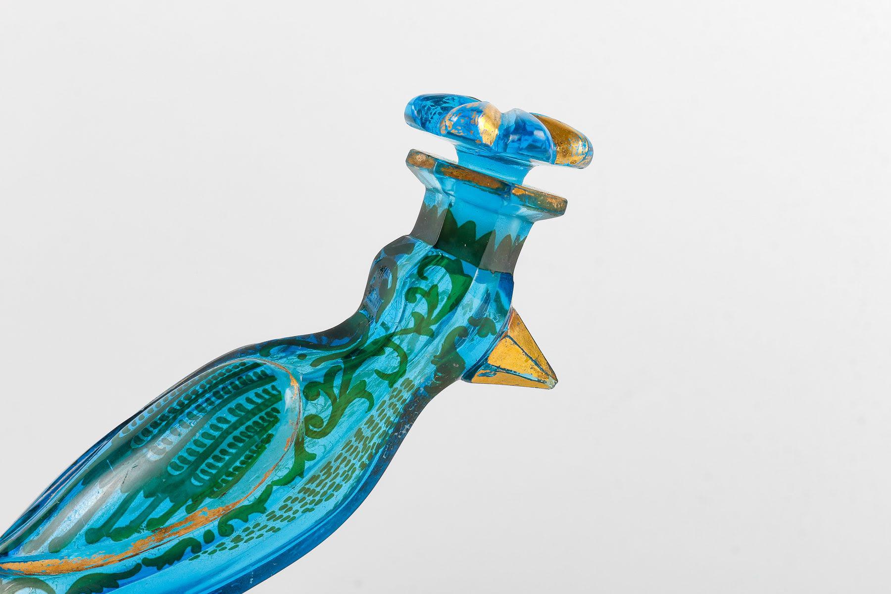 Bohemian Crystal Enamelled Bird Bottle, 19th Century. In Good Condition In Saint-Ouen, FR