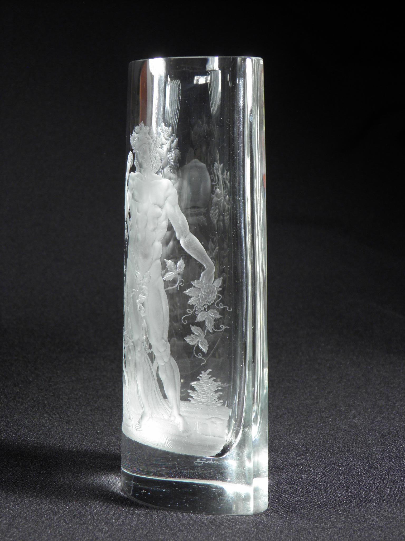 Art Nouveau Bohemian Crystal Glass Engraved Vase Bacchus, 20th Century For Sale