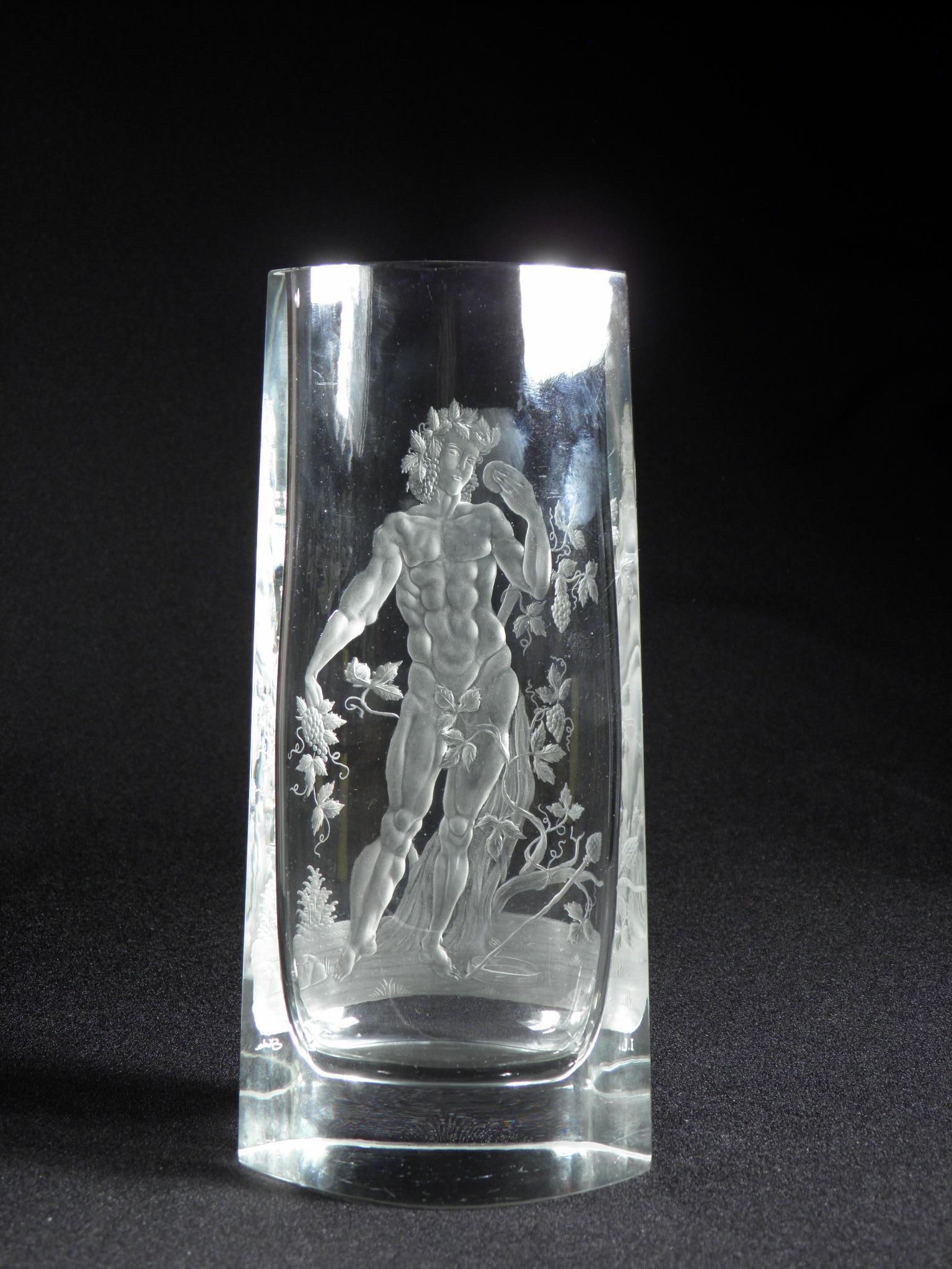 Czech Bohemian Crystal Glass Engraved Vase Bacchus, 20th Century For Sale