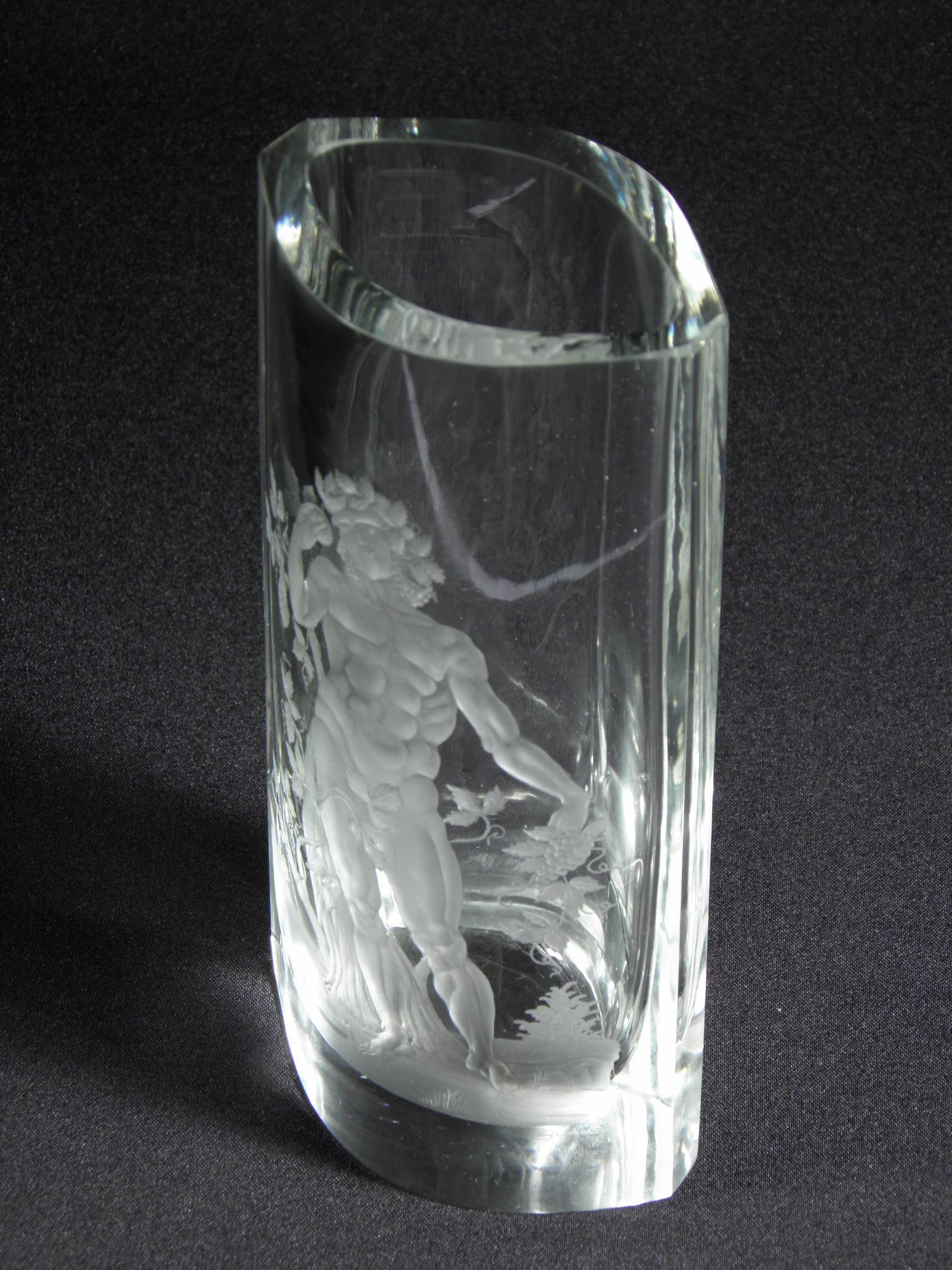 Bohemian Crystal Glass Engraved Vase Bacchus, 20th Century For Sale 2