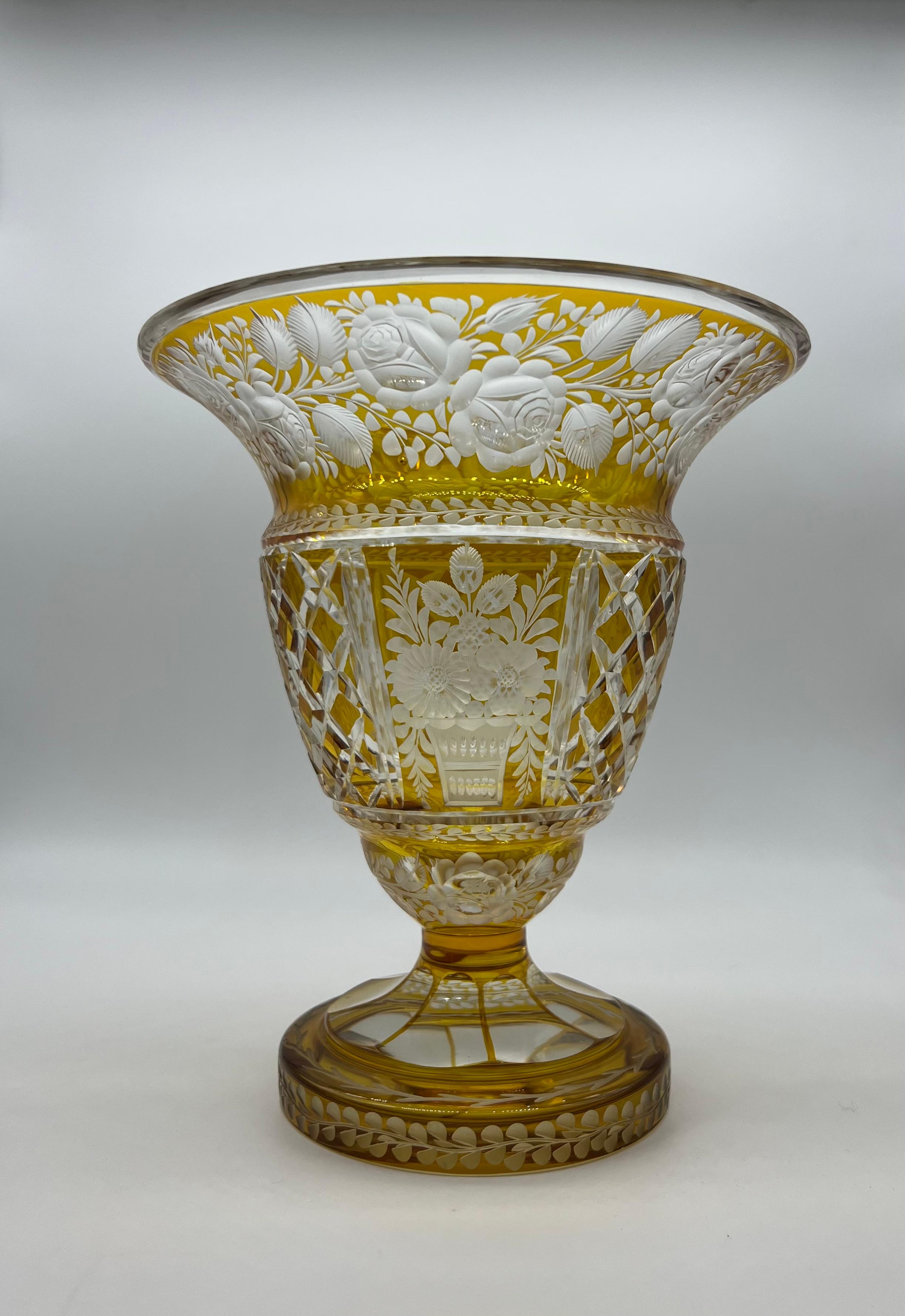 Bohemian crystal vase in amber color, fine cut, good condition.