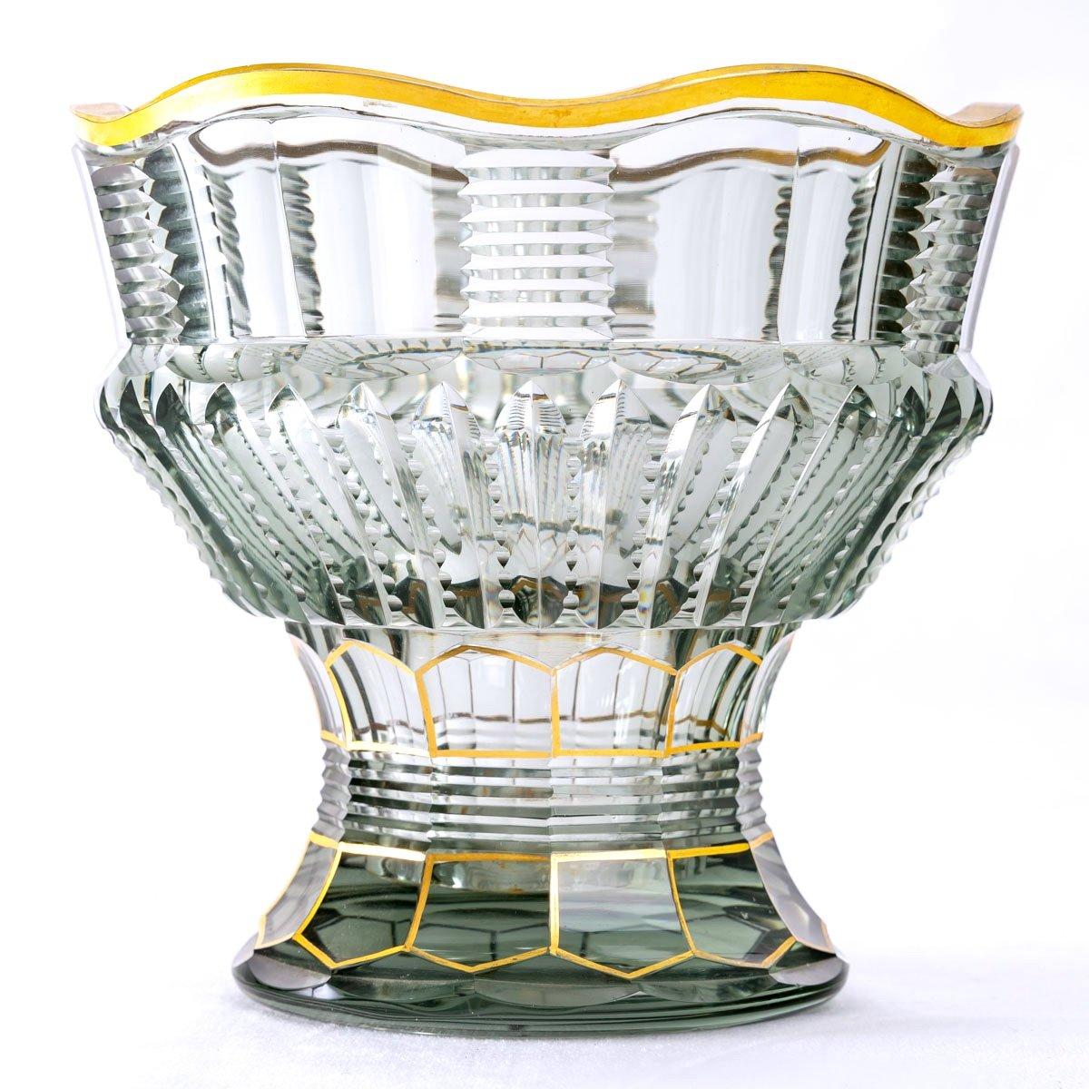 Czech Bohemian Crystal Vase, Transparent & Gold Highlights, Maison Moser, Art Deco For Sale