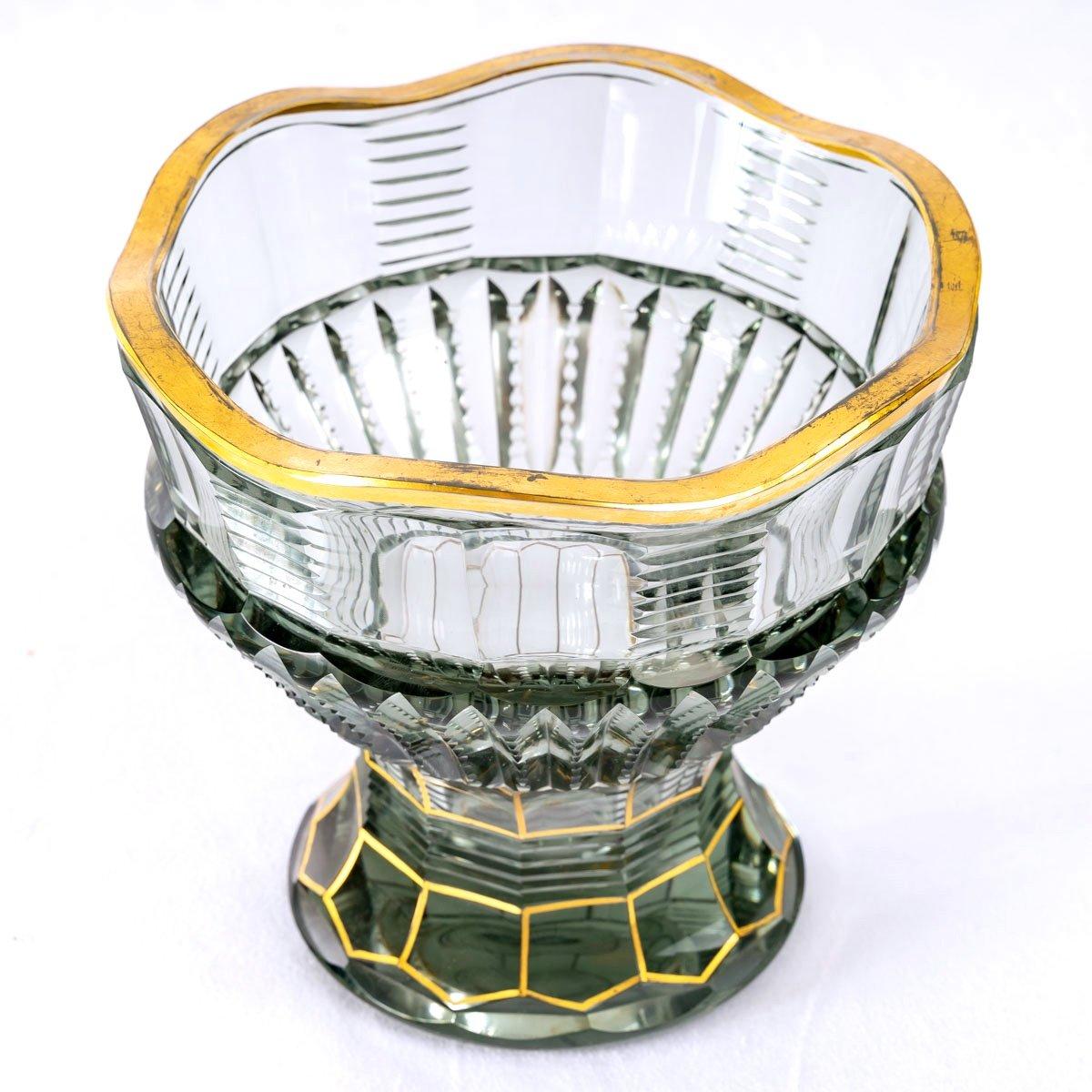 20th Century Bohemian Crystal Vase, Transparent & Gold Highlights, Maison Moser, Art Deco For Sale