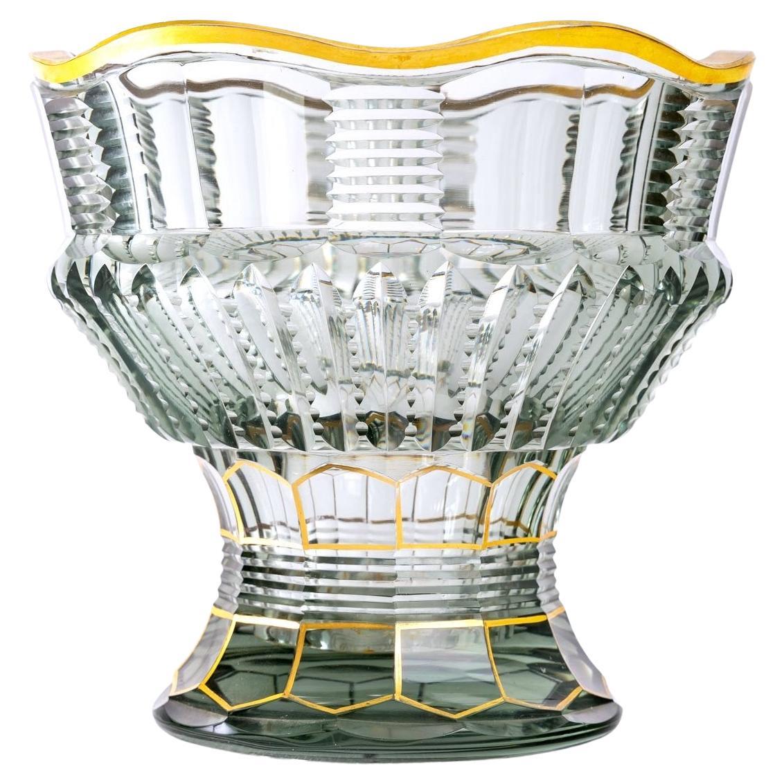 Bohemian Crystal Vase, Transparent & Gold Highlights, Maison Moser, Art Deco For Sale