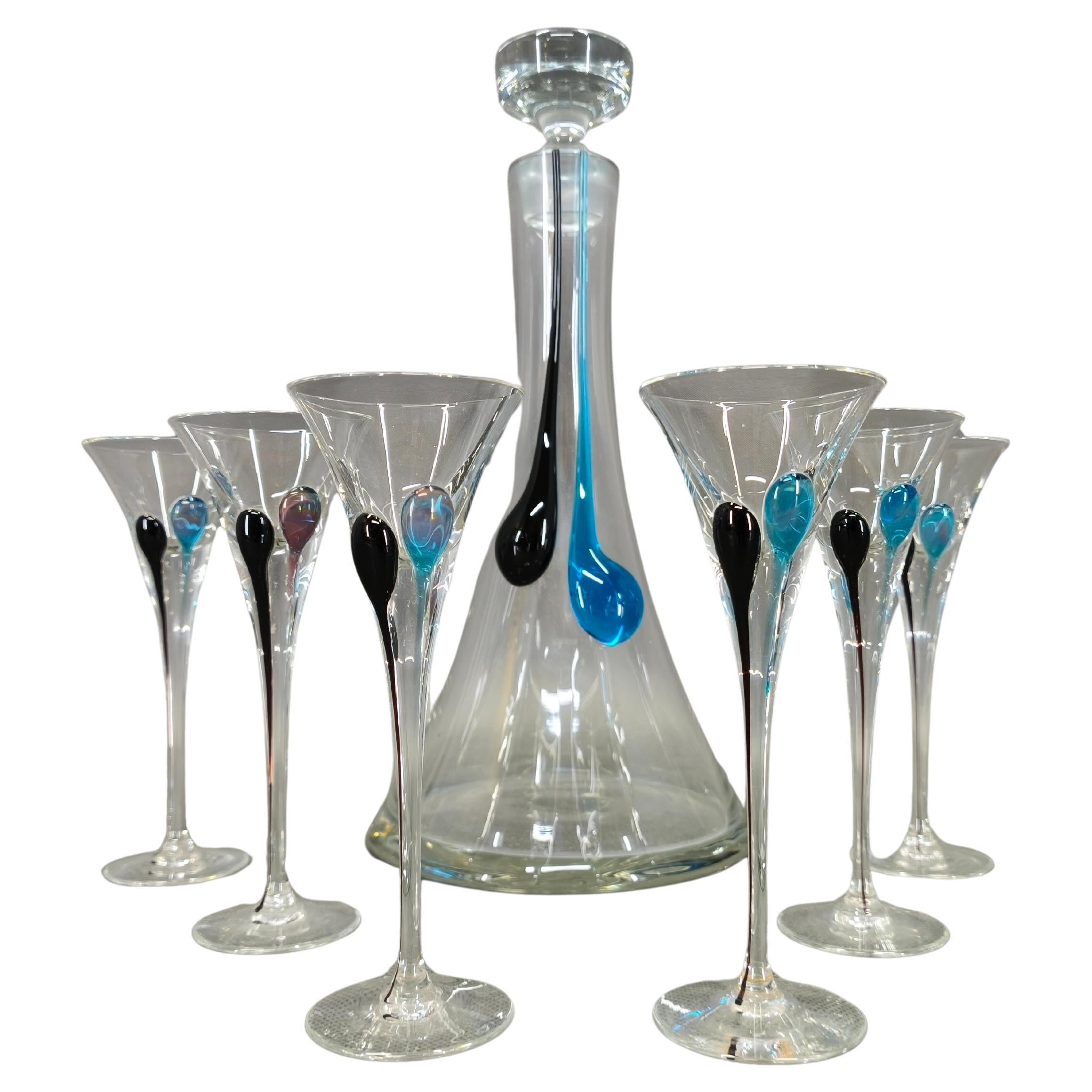 Bohemian Crystalex Hand Blown Decanter and Six Glasses Set, 1990s