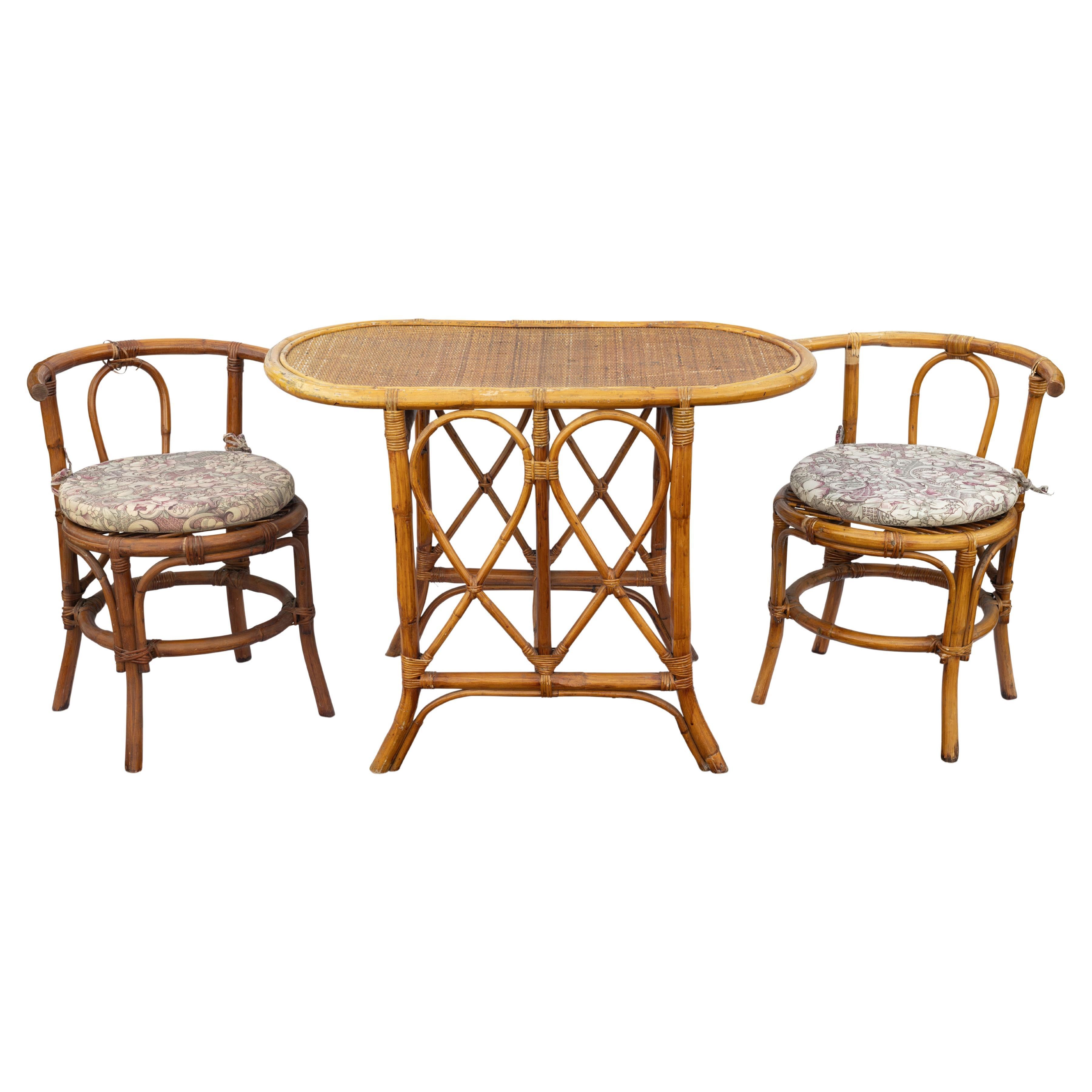 Bohemian Curved Bamboo & Cane Dreiteiliges Esstischset aus Italien, 1950er Jahre im Angebot