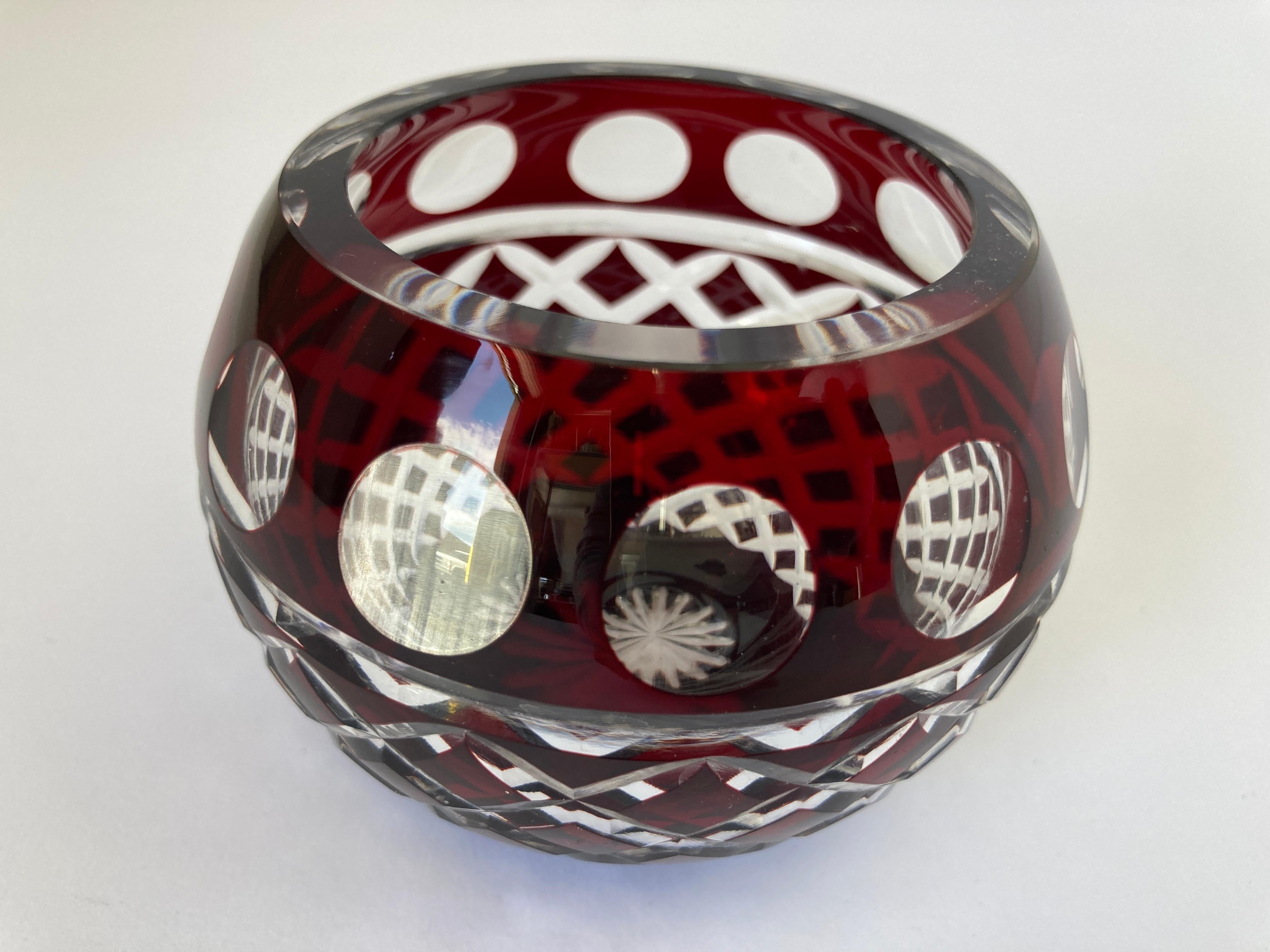 Hand-Crafted Bohemian Cut Crystal Votive Holder in Cranberry to Clear