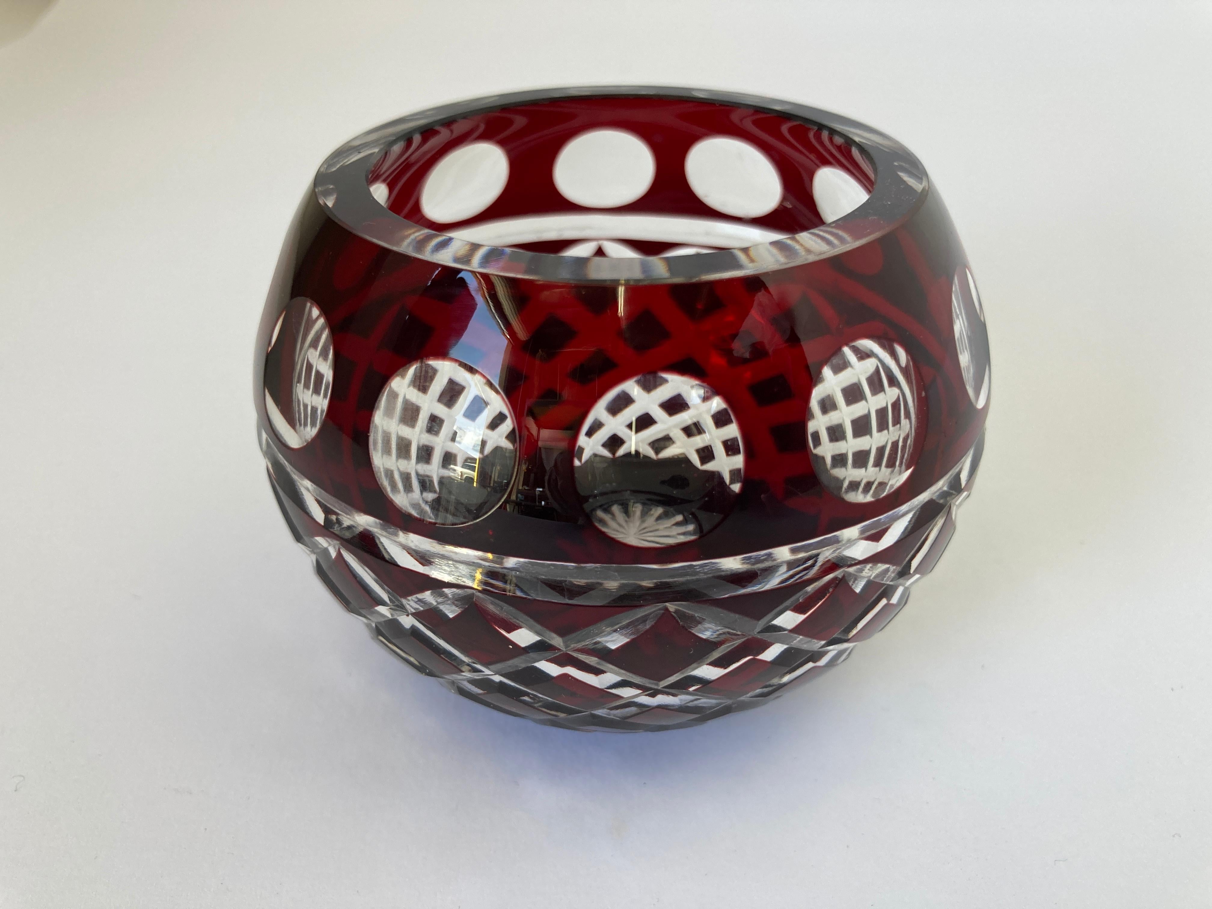 20th Century Bohemian Cut Crystal Votive Holder in Cranberry to Clear