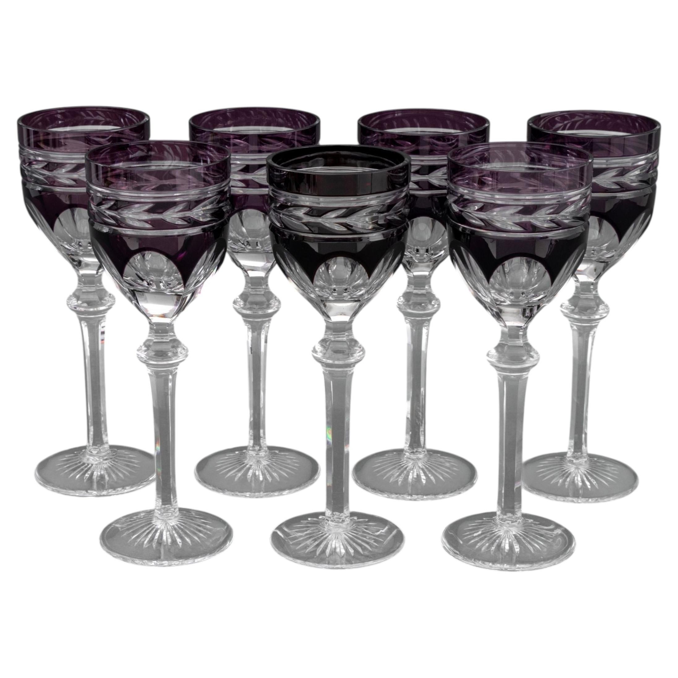 Set of 7 Bohemian Cut-Crystal Wine Glasses in Purple and Ruby Red