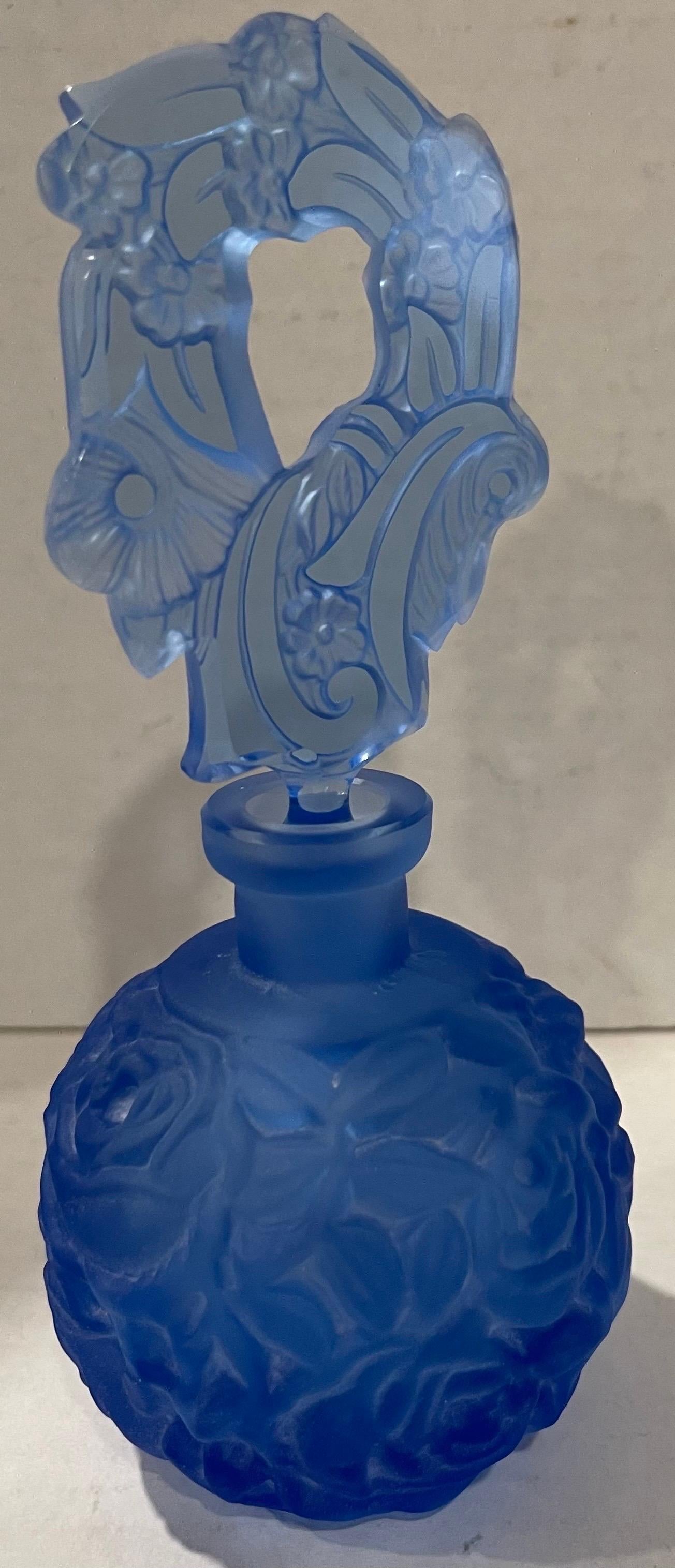 Frosted Bohemian Cut Glass Blue Perfume Bottle For Sale