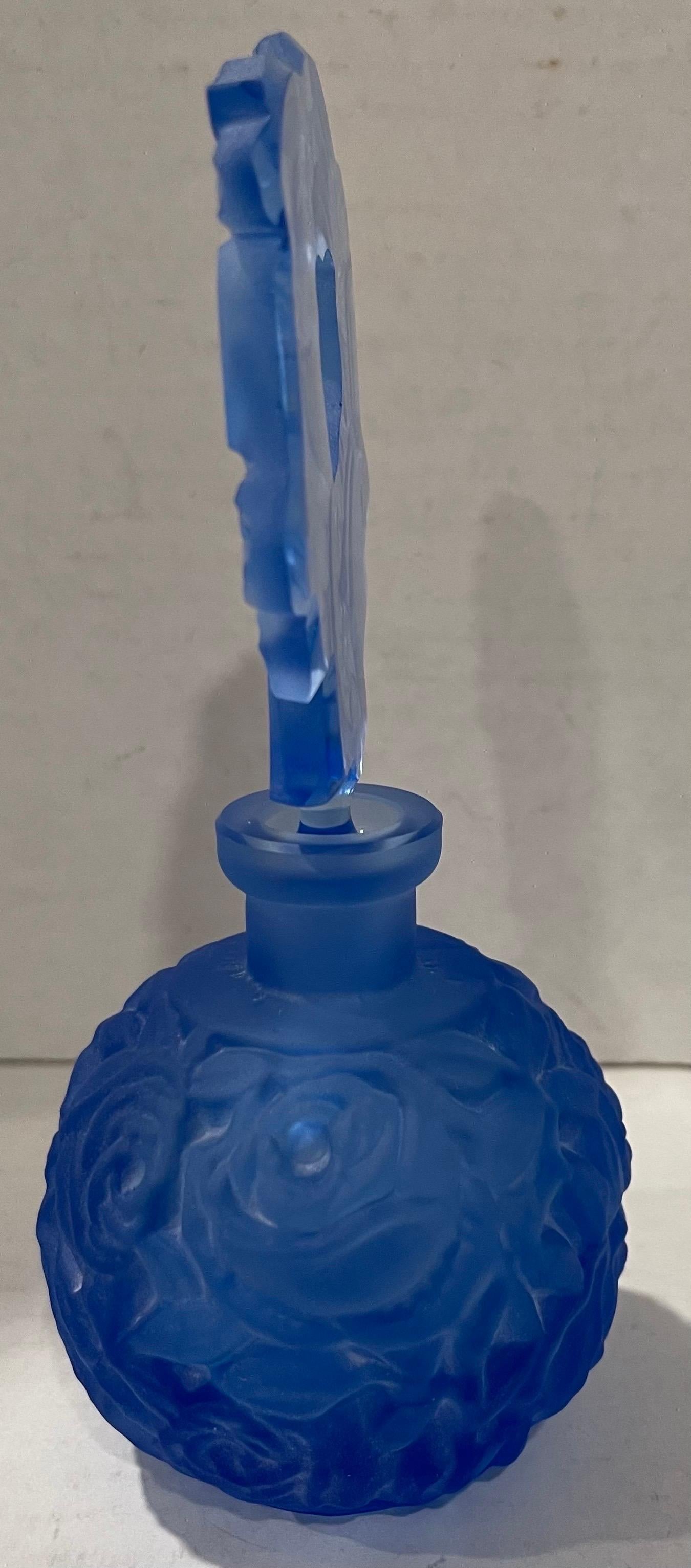 Mid-20th Century Bohemian Cut Glass Blue Perfume Bottle For Sale