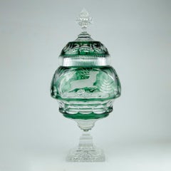 Bohemian Czech candy box covered in green double tail glass