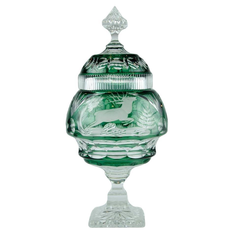 Bohemian Czech candy box covered in green double tail glass For Sale