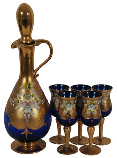 Bohemian Czech Cobalt Gold Decanter Pitcher & 5 Stemmed Cordial Shot Glasses