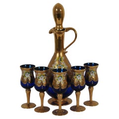 Vintage Bohemian Czech Cobalt Gold Decanter Pitcher & 5 Stemmed Cordial Shot Glasses 