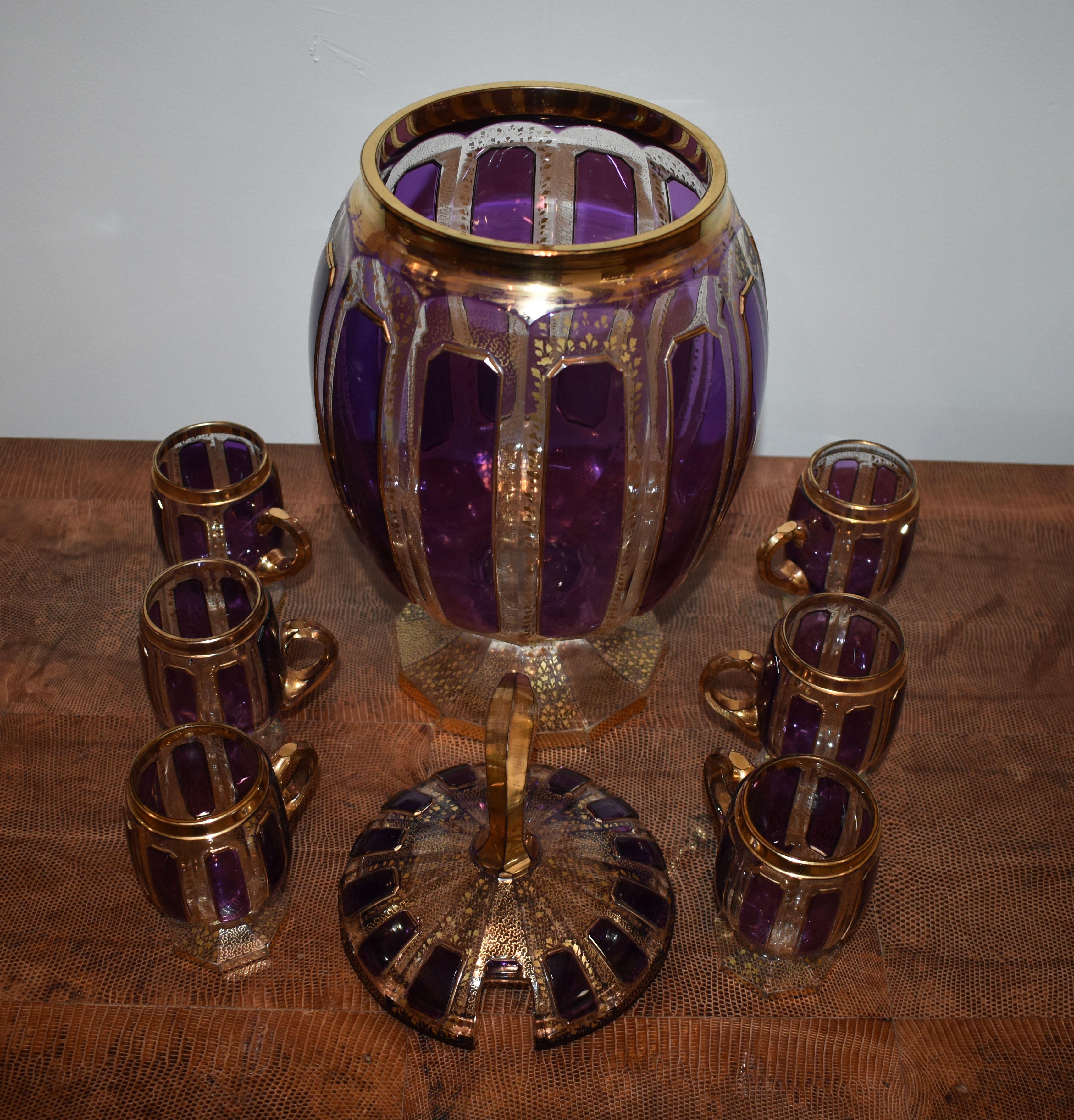 Bohemian Czech Cobalt Purple and Gold Punch Bowl with Six Cups For Sale 7