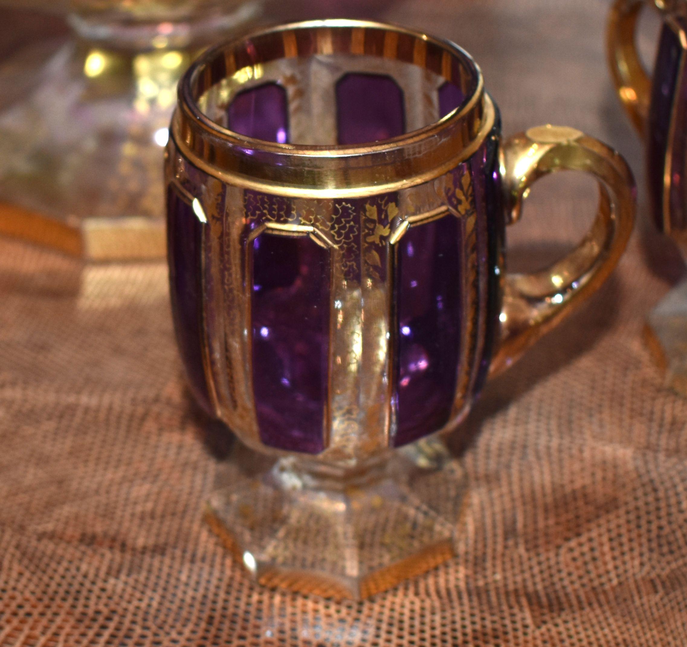 Bohémien Punch Bowl ceco cobalto viola e oro di Boemia con sei tazze in vendita