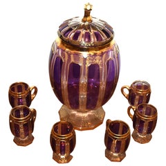 Bohemian Czech Cobalt Purple and Gold Punch Bowl with Six Cups