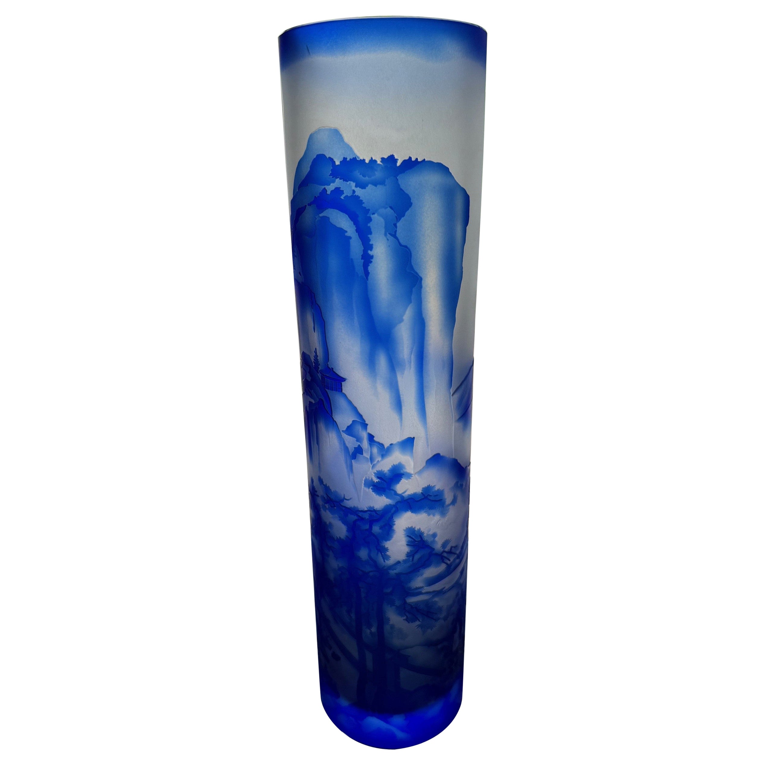 Bohemian Czech Crystal Blue Cameo Vase Orientalische Landschaft Signed Ingrid im Angebot