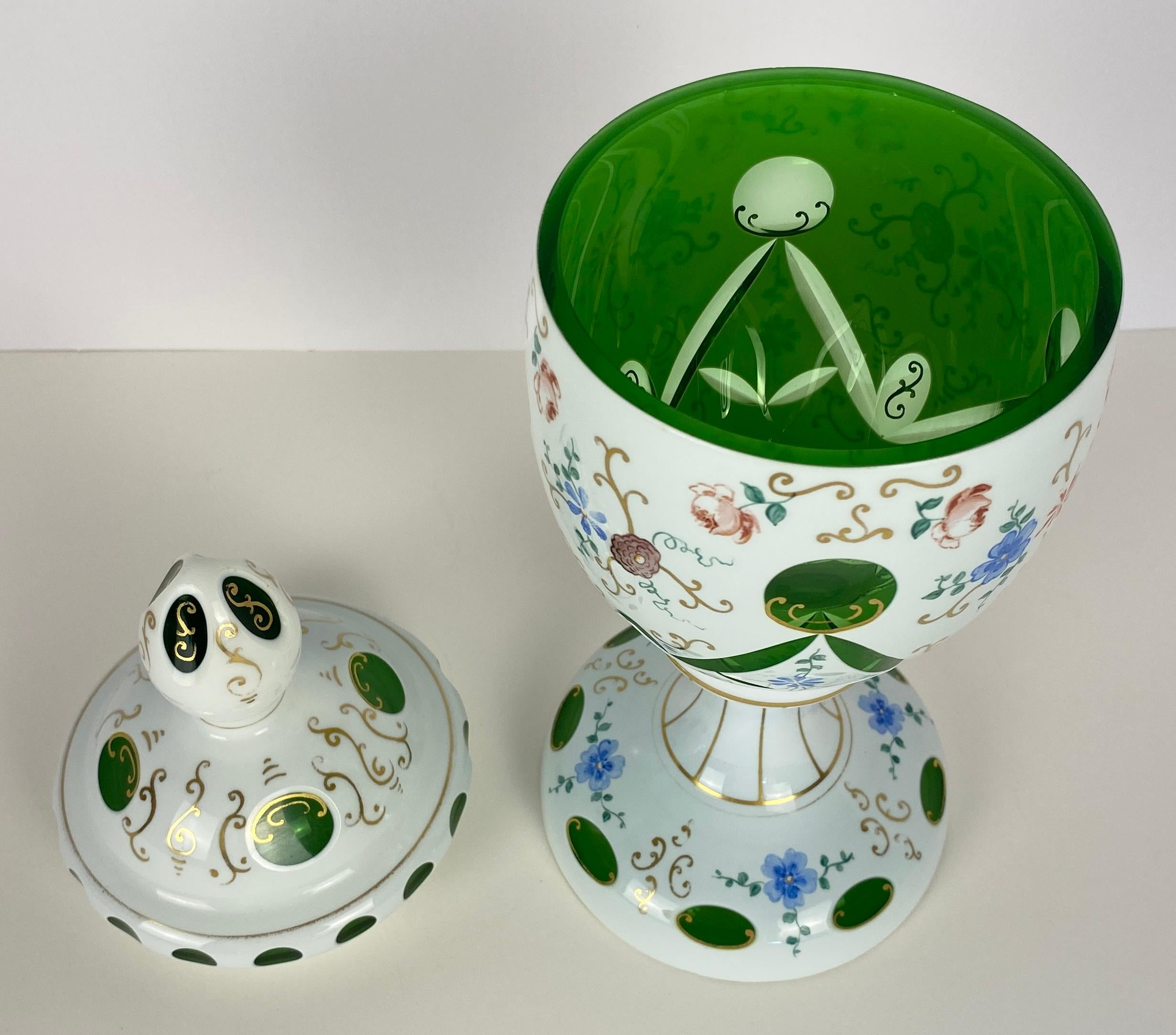Bohemian Czech Glass Pottery, Set of 3 Green & White Decorative Objects For Sale 5
