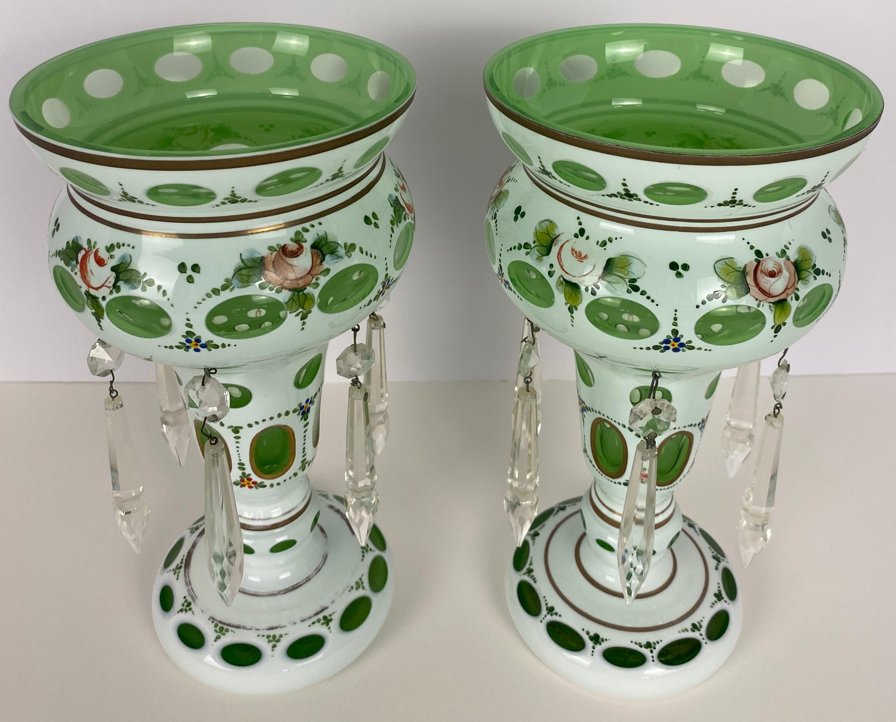 Hand-Painted Bohemian Czech Glass Pottery, Set of 3 Green & White Decorative Objects For Sale
