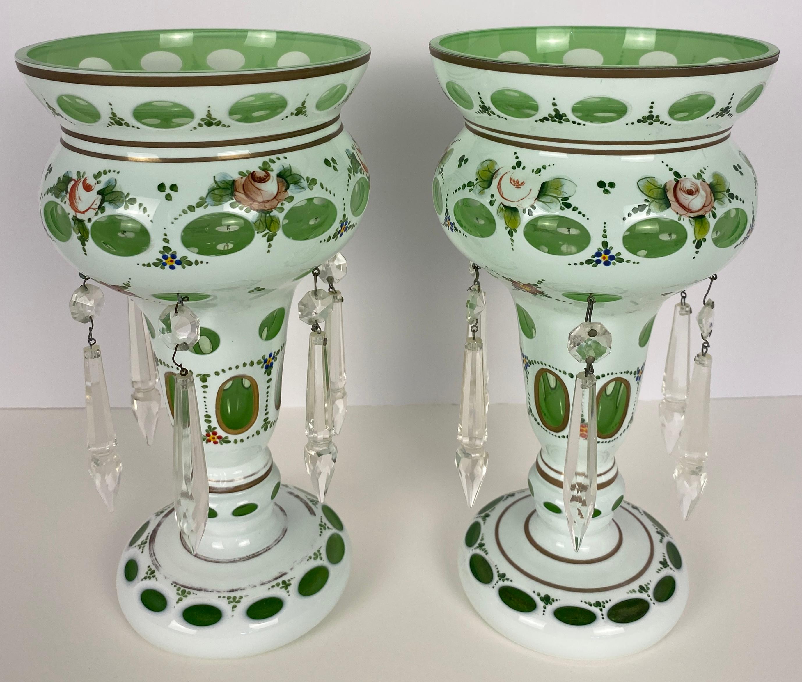 Bohemian Czech Glass Pottery, Set of 3 Green & White Decorative Objects In Good Condition For Sale In Miami, FL