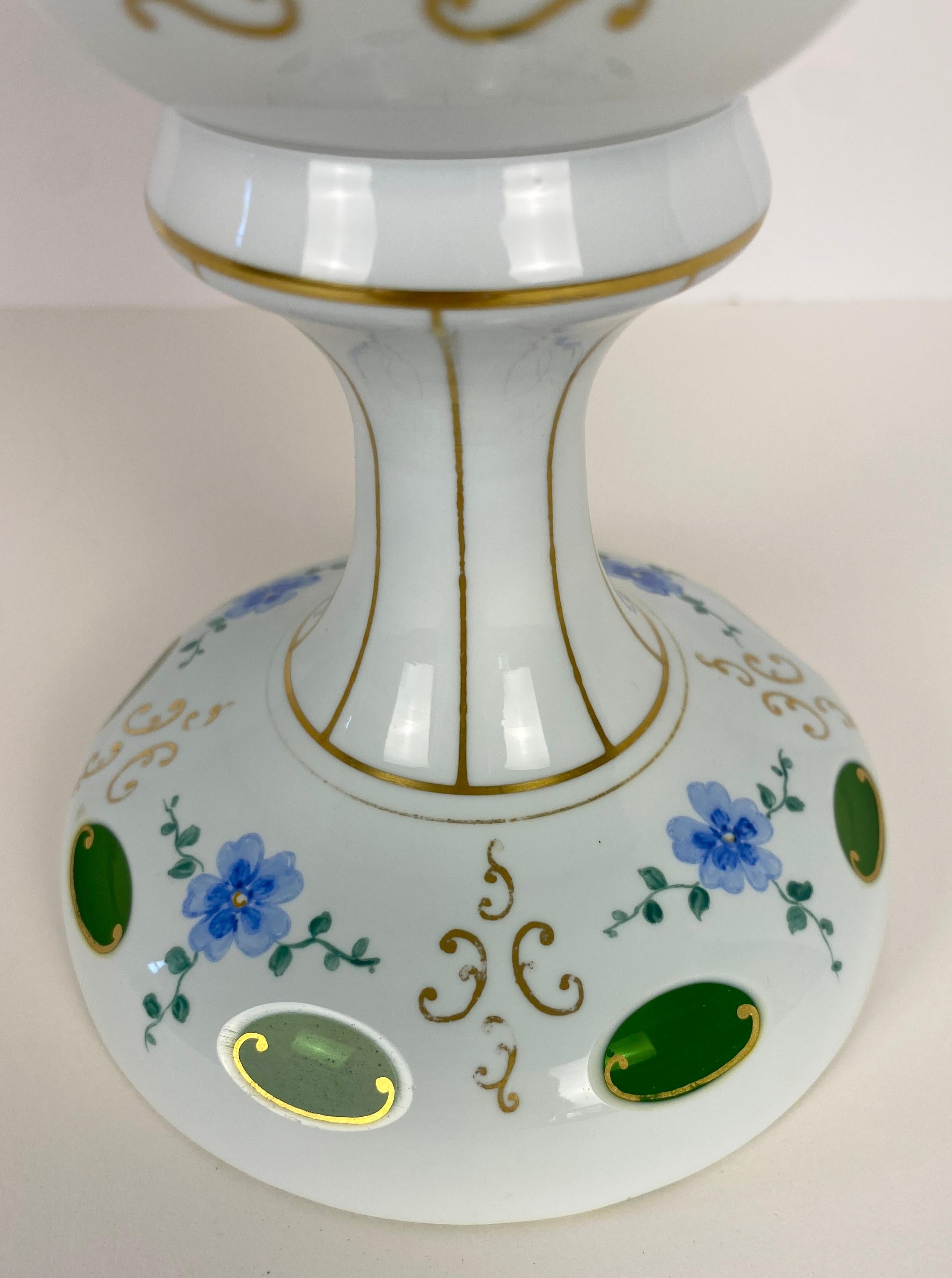 20th Century Bohemian Czech Glass Pottery, Set of 3 Green & White Decorative Objects For Sale