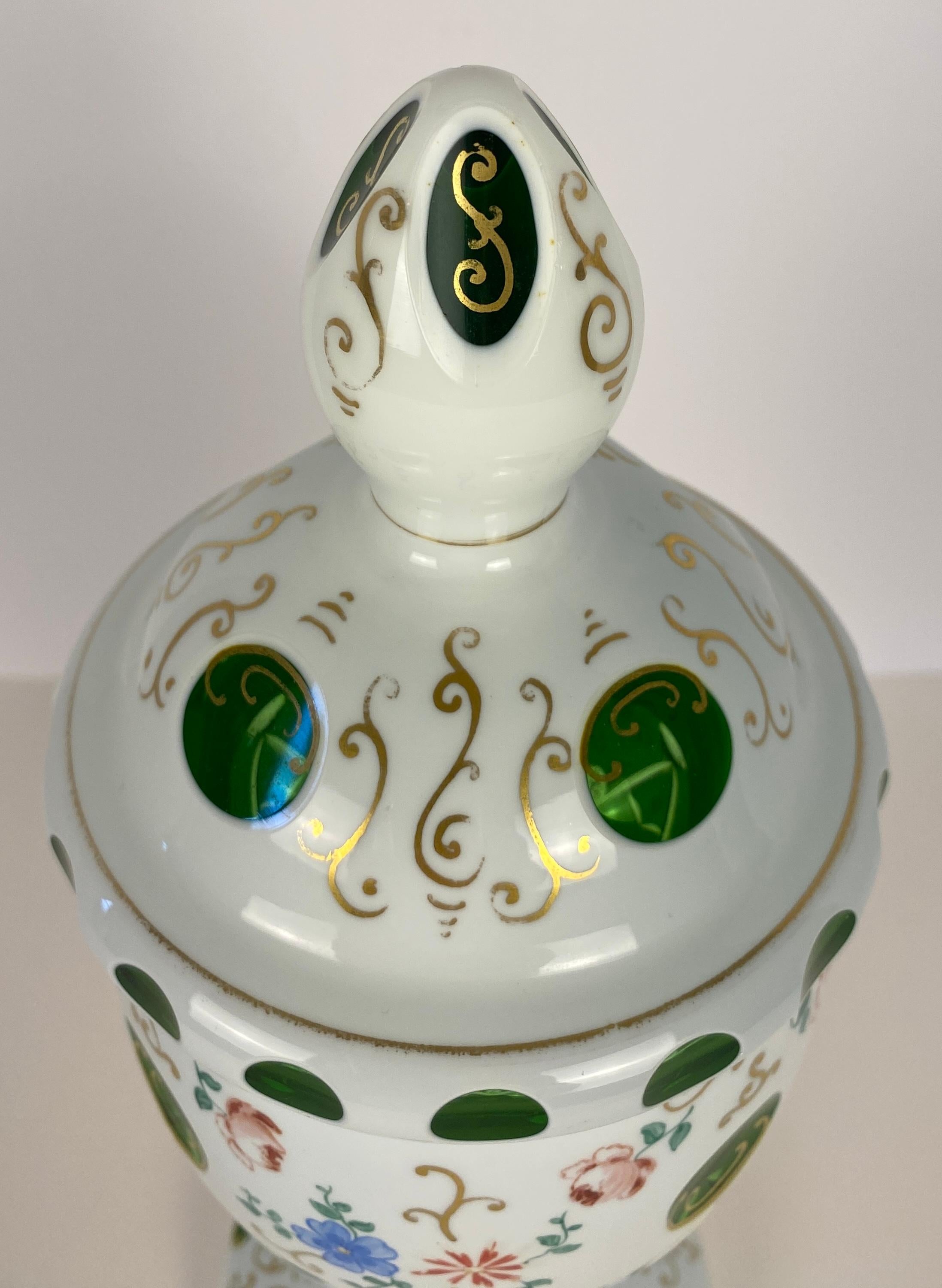 Bohemian Czech Glass Pottery, Set of 3 Green & White Decorative Objects For Sale 1