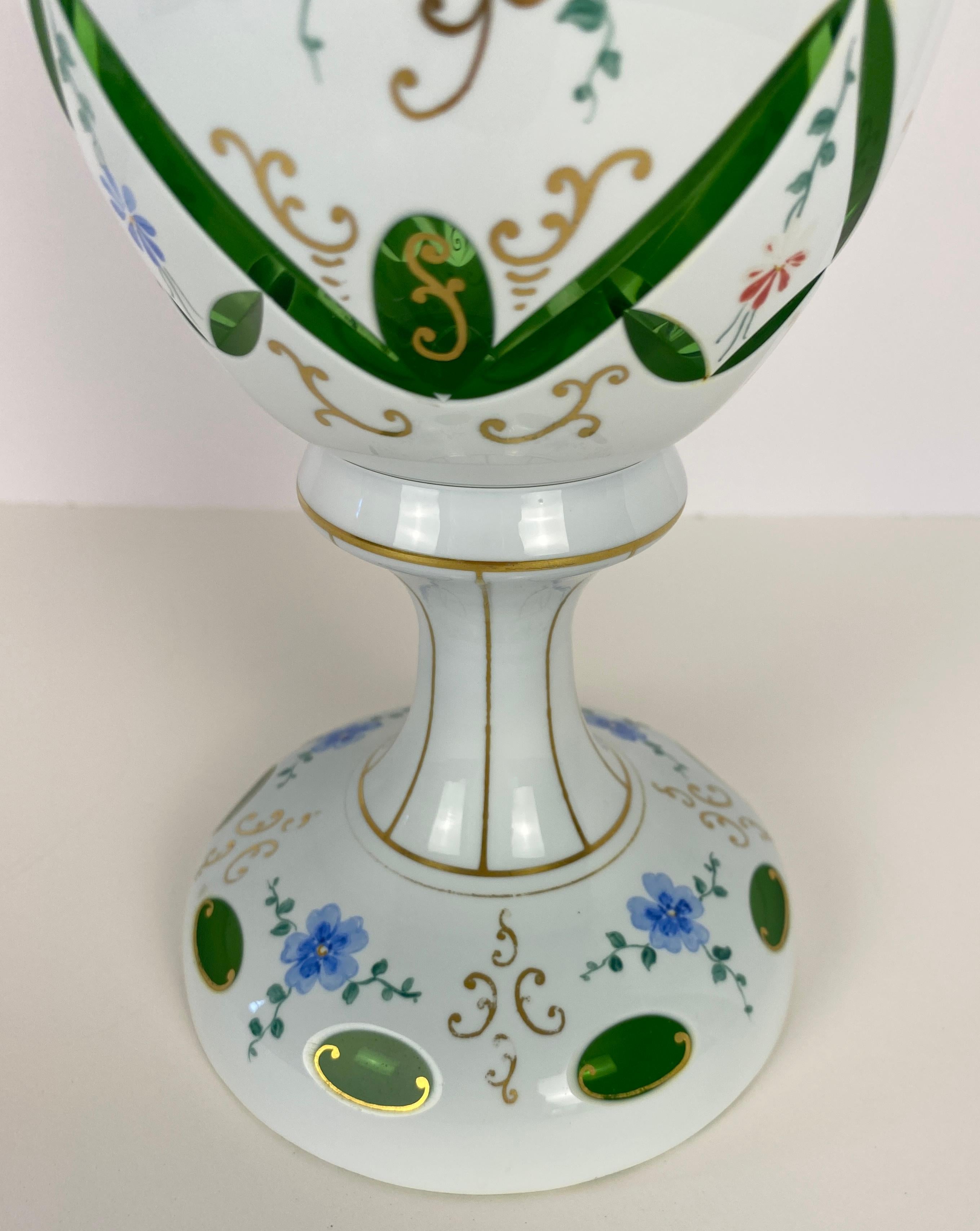 Bohemian Czech Glass Pottery, Set of 3 Green & White Decorative Objects For Sale 2