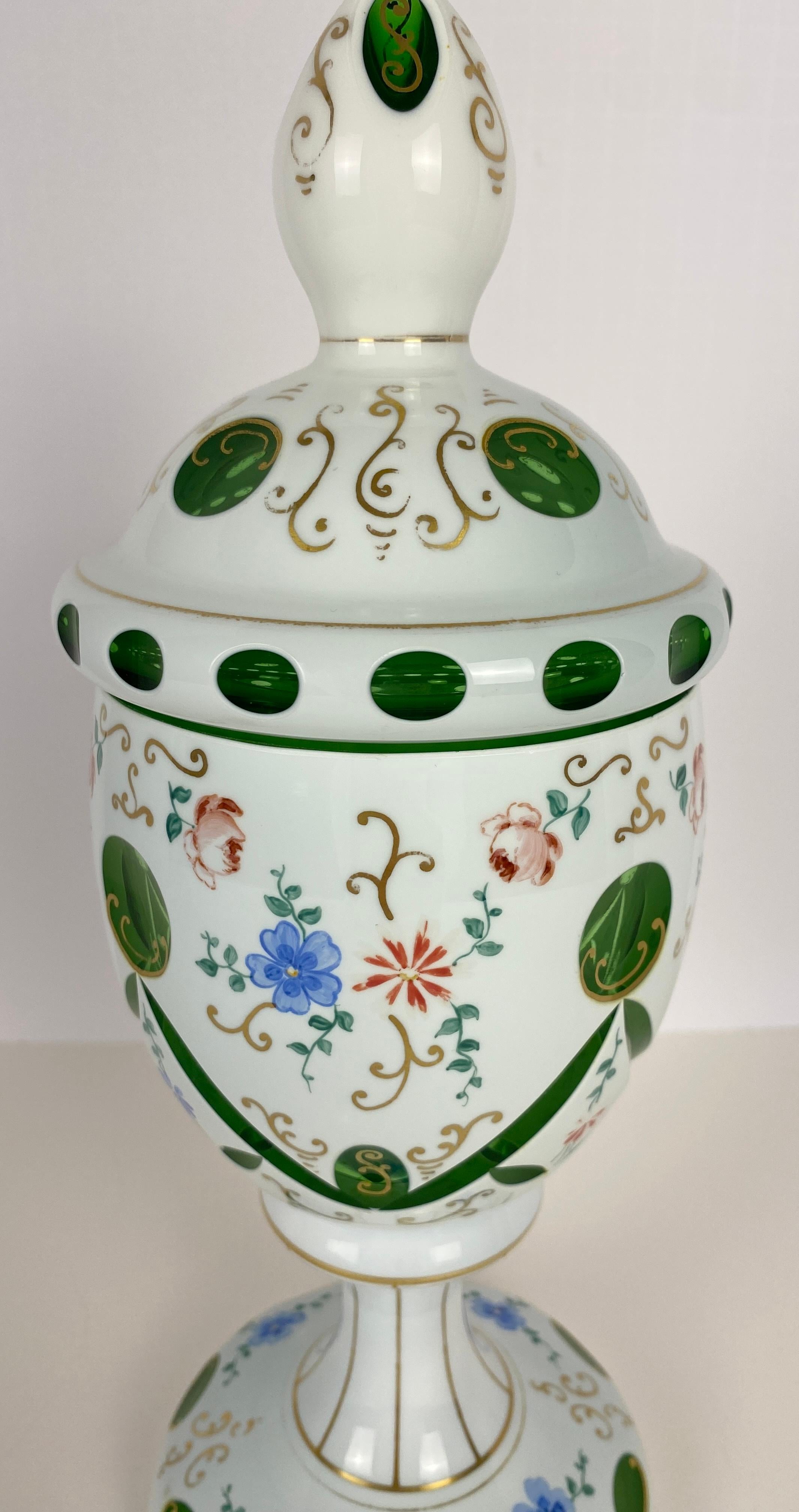 Bohemian Czech Glass Pottery, Set of 3 Green & White Decorative Objects For Sale 3