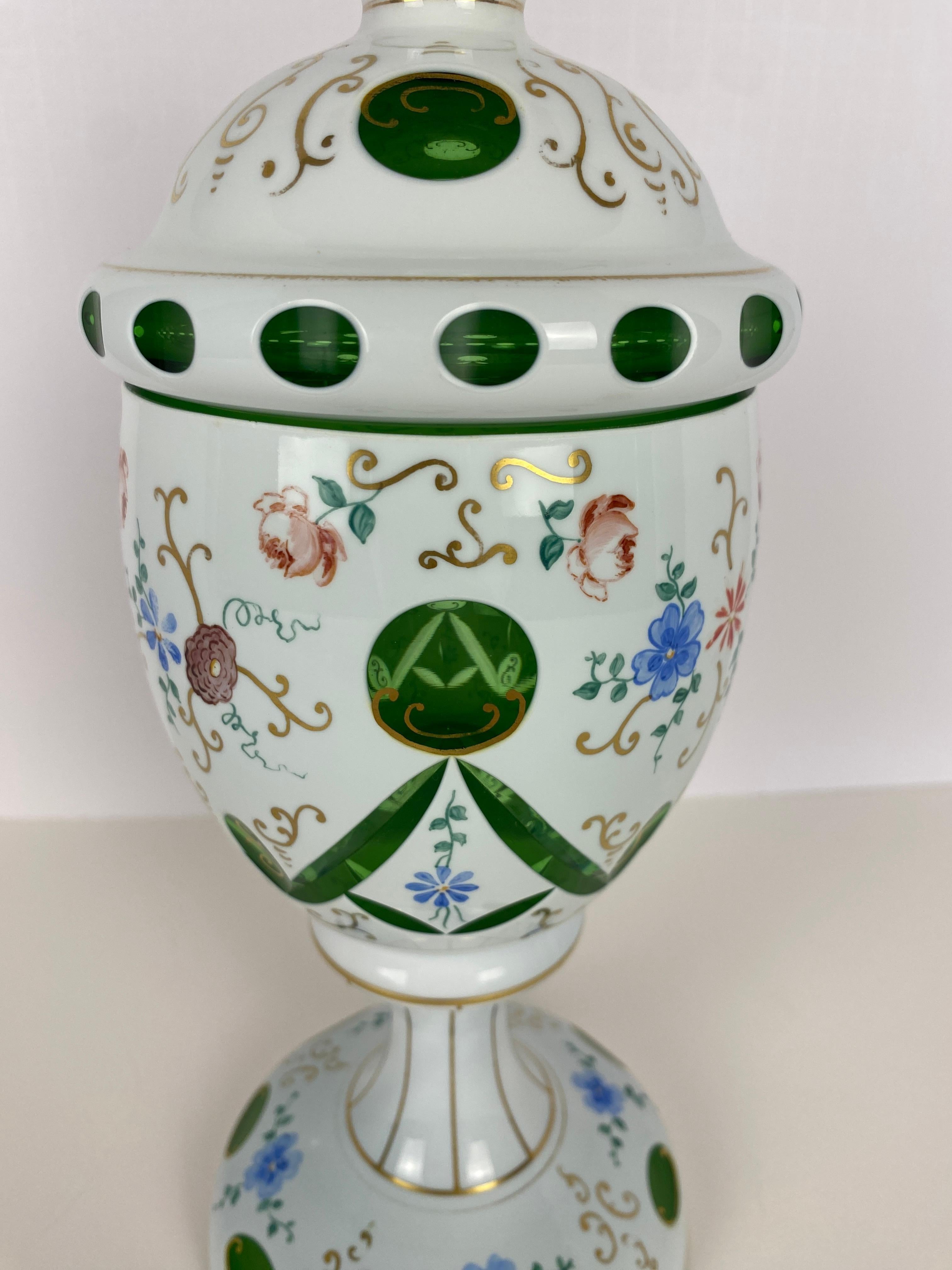 Bohemian Czech Glass Pottery, Set of 3 Green & White Decorative Objects For Sale 4