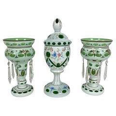 Bohemian Czech Glass Pottery, Set of 3 Green & White Decorative Objects