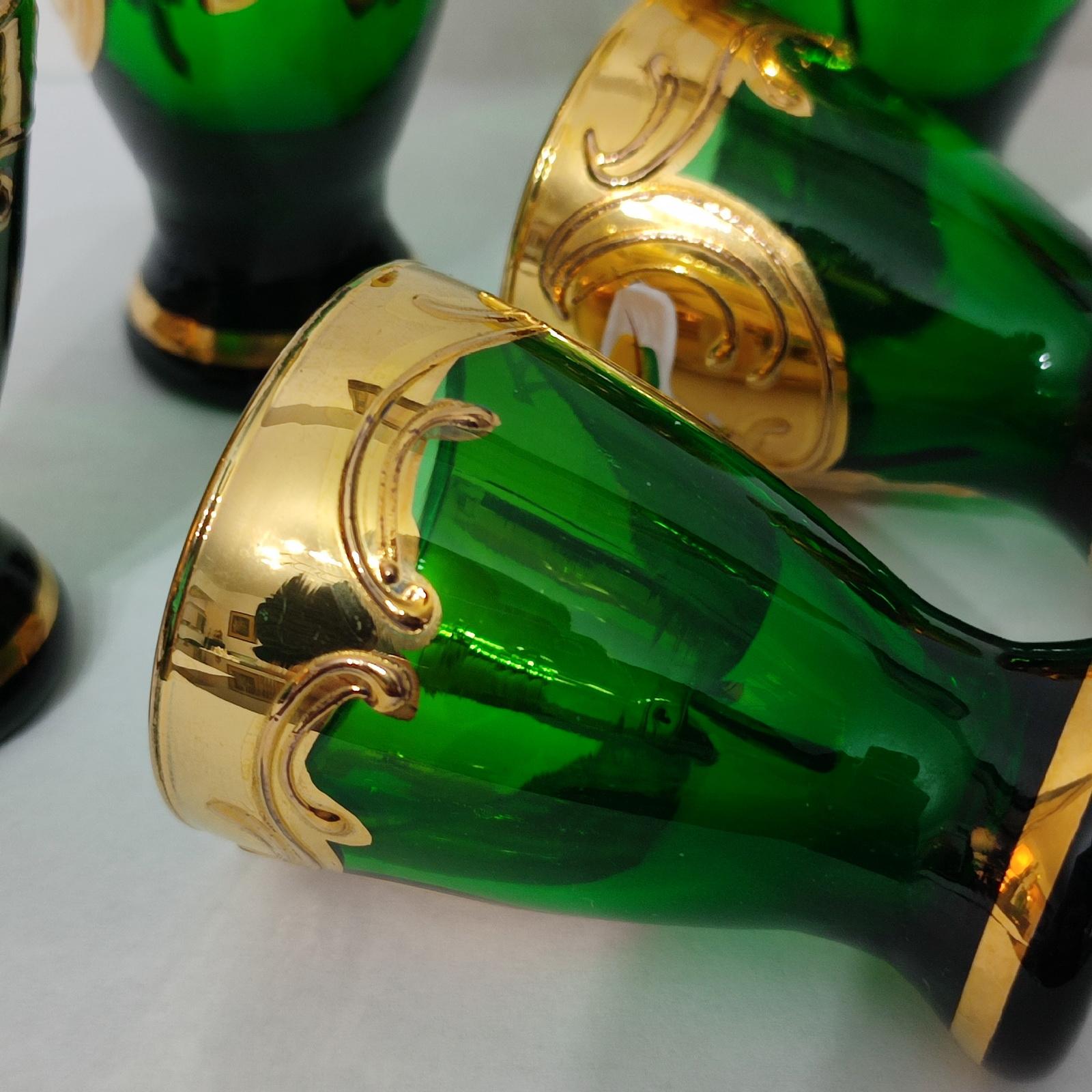 Blown Glass Bohemian Czech Green Gold Decanter Pitcher & 6 Cordial Shot Glasses For Sale