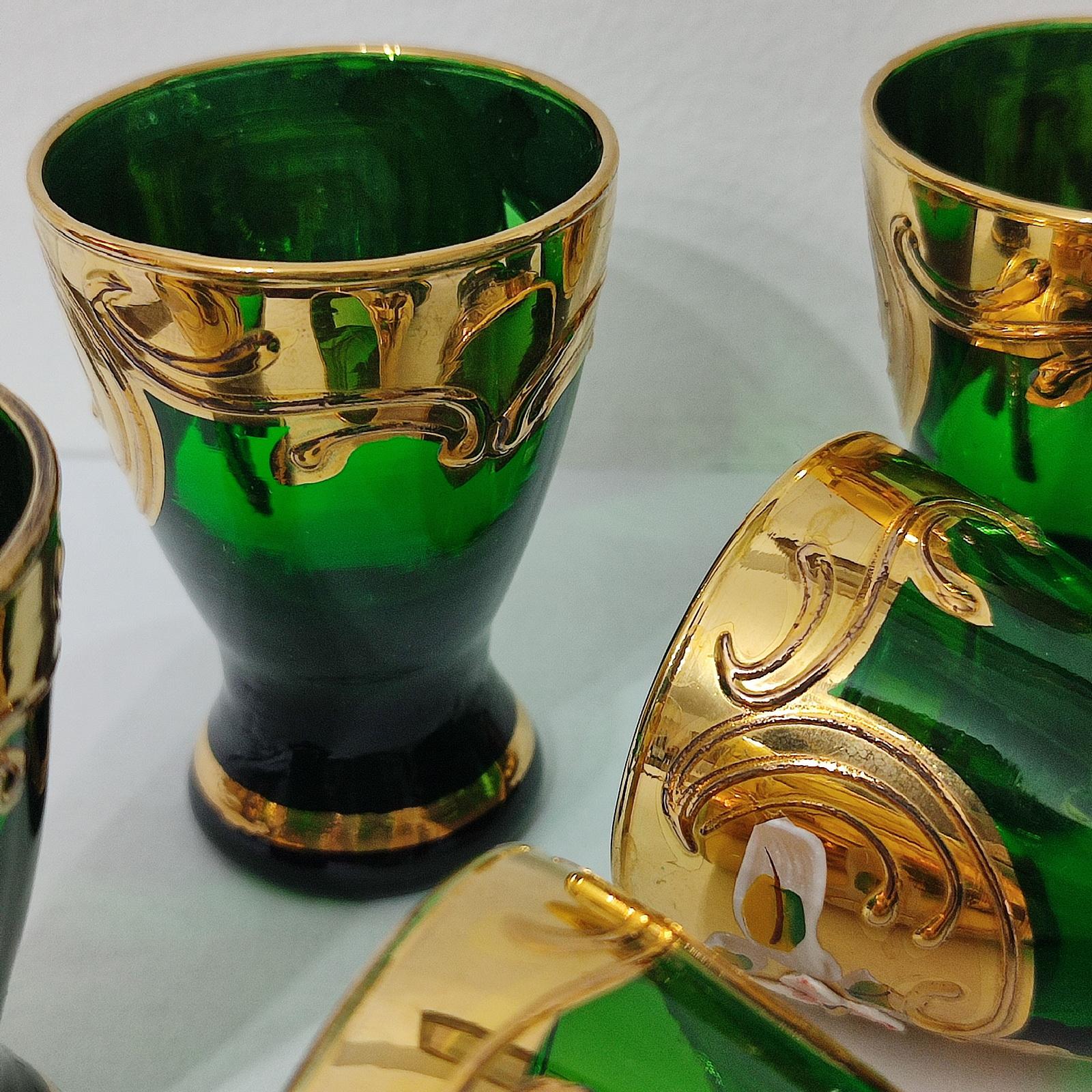 Bohemian Czech Green Gold Decanter Pitcher & 6 Cordial Shot Glasses For Sale 1