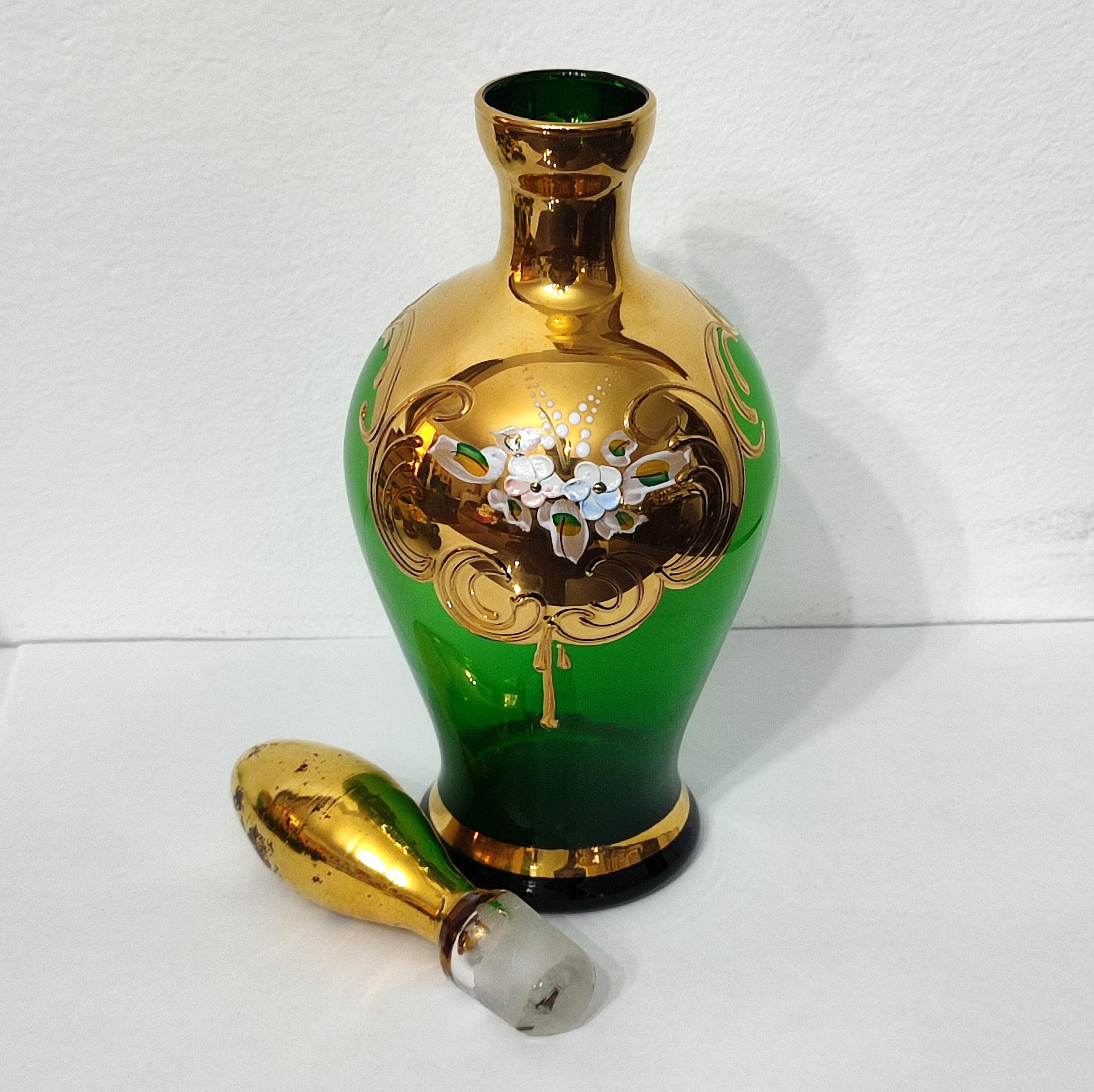 Bohemian Czech Green Gold Decanter Pitcher & 6 Cordial Shot Glasses For Sale 3