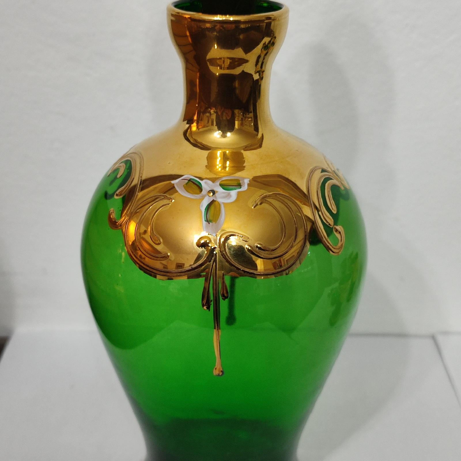 Brocca decanter Bohemian Czech Greene & Greene Gold e 6 bicchieri da shot cordiali in vendita 7