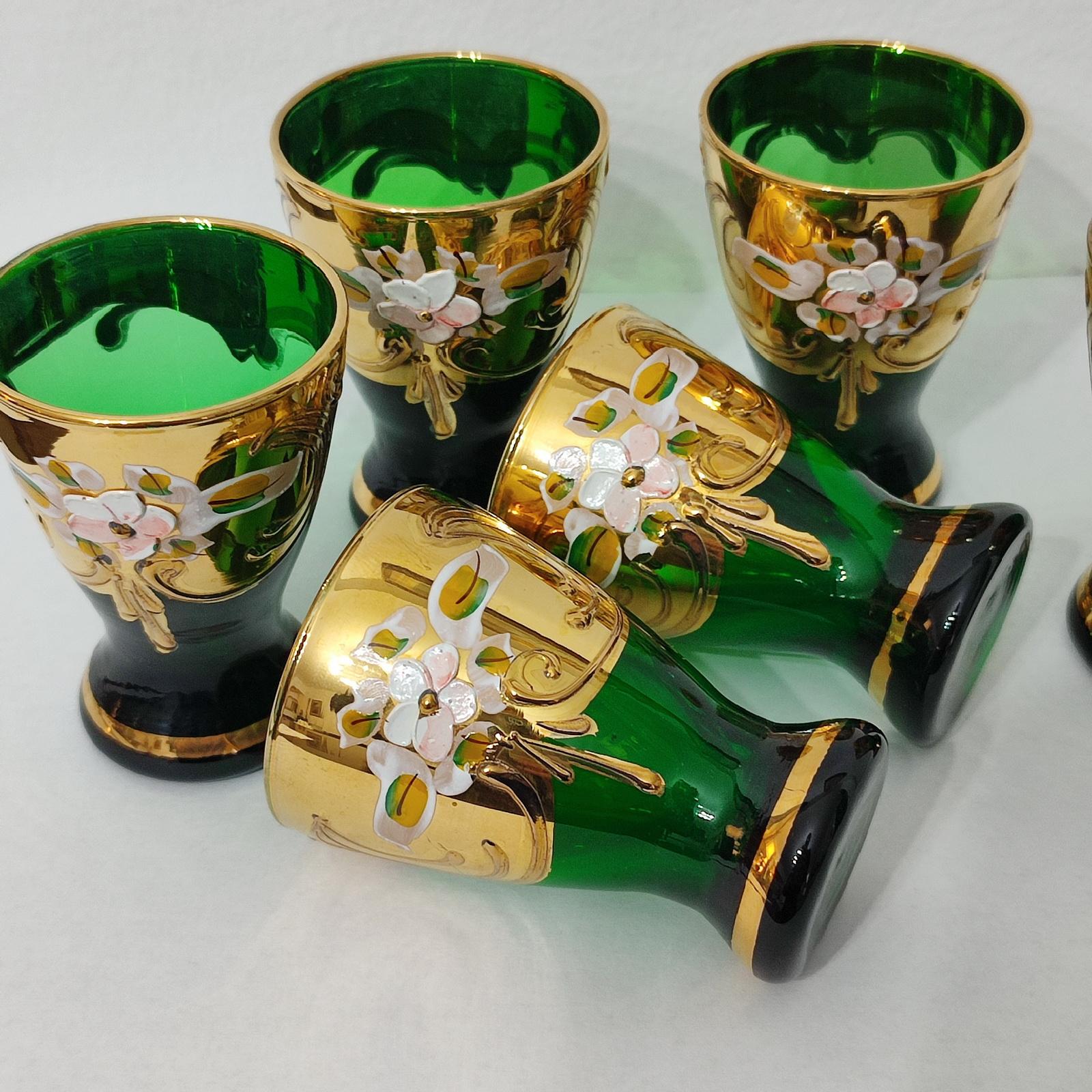 European Bohemian Czech Green Gold Decanter Pitcher & 6 Cordial Shot Glasses For Sale