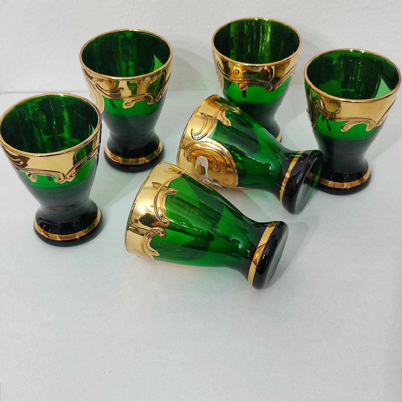 20th Century Bohemian Czech Green Gold Decanter Pitcher & 6 Cordial Shot Glasses For Sale