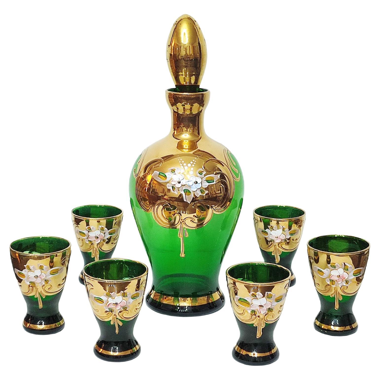 Vintage  Bohemia Czech Republic  24K Gold Crystal Glass Pitcher & Cups Set  MINT 