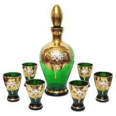 Bohemian Czech Green Gold Decanter Pitcher & 6 Cordial Shot Glasses