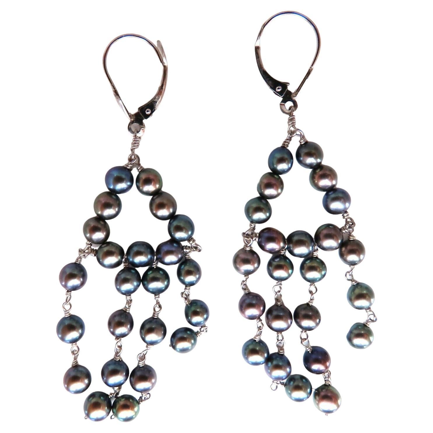 Bohemian Deco Freshwater Pearls Dangling Earrings 14 Karat For Sale